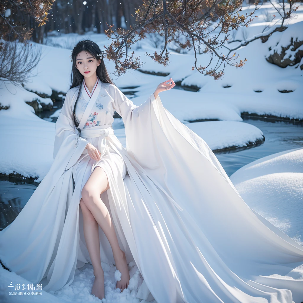  best image quality ， Very detailed， VERY HIGH RESOLUTION，  perfect body proportions， The work of a top photographer 。Beautiful Hanfu girl，Long eyelashes， big eyes， shiny eyes，Eye bags， full lips，Small nose， happy expression，Sweet， exquisite makeup， Full Body Photo ，snow White,  slim and straight legs ，snow-white skin，White embroidered skirt，neckLace，Show off long legs ，Lace，Sweet， long hair flying ， best quality，masterpiece，，Imagine， seven-part shooting model : Hanfu, CFG scale: 7,  Lola : Future Fashion(0.4)、rainbow(0.4)、 Martial Arts(0.2)、 Asian face woman-2 (0.4)、Poetic fairy tale(0.01)