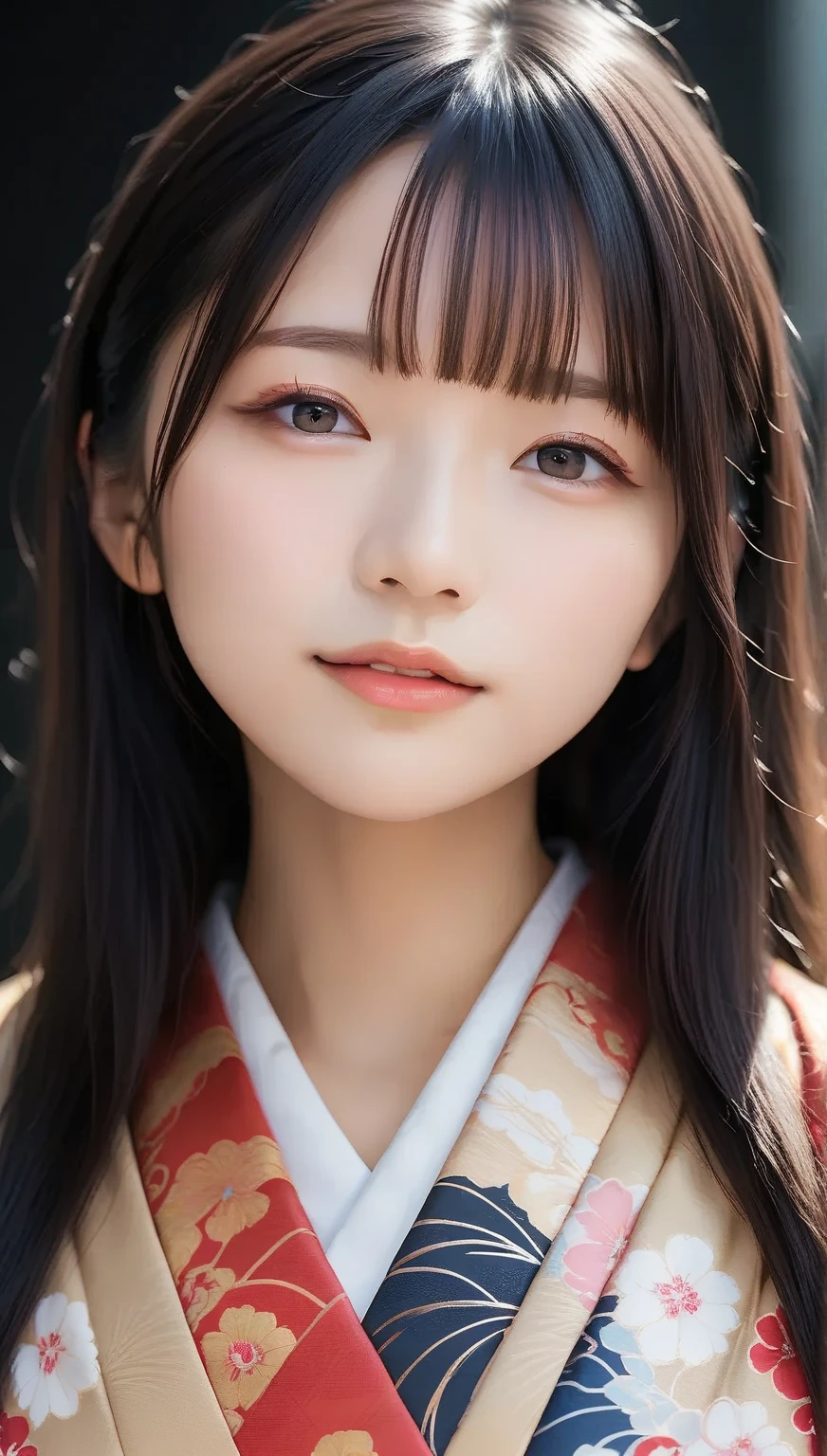 score_9,score_8_up,score_7_up, masterpiece, 1girl, 20 years old, 8k, hd, beautiful girl, black hair, long hair, blunt bang, straight hair, looking at viewer, front view, close-up of woman's face, detailed face, beautiful woman's face, kimono, black background, 