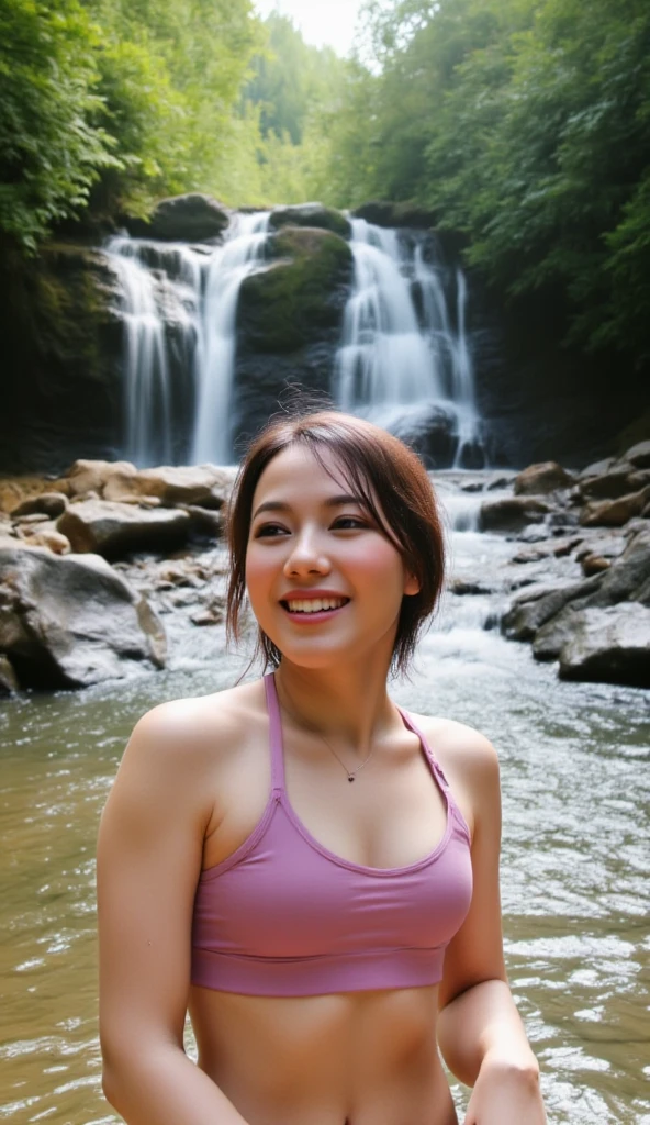 (((photorealism:1.2))), A sweet and endearing  Thai girl with a fair complexion, short hair dyed in shades of purple and pink, flowing lightly in the breeze. Her round face radiates charm and innocence, with her joyful laughter exuding both shyness and delight. She wears a soft pink sports bra, adorned with small, age-appropriate accessories. The camera captures her up close from a slightly low angle, enhancing her prominence and creating depth in the composition. Her expression is framed by the soft sunlight filtering through the mist of a powerful waterfall in the background. The crystal-clear stream she emerges from glistens in the foreground, while smooth rocks and scattered water droplets add texture. The faint rainbow formed by sunlight on the water spray arcs delicately behind her. Towering autumn-hued trees complete the scene, with the image rendered in a natural, realistic style, as if taken by a travel photographer using a high-quality smartphone camera, highlighting every vibrant and authentic detail.
