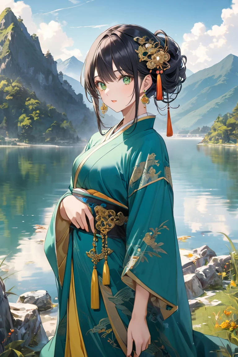 chinese godess with long black hair, green eyes, ancient blue robe, green earrings, hair ornament, mountain and lake in background 