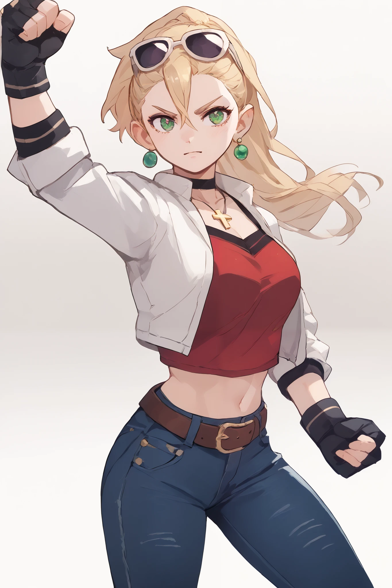 20 year old girl, long flowing blonde hair, blue sunglasses on head, cute face, green eyes, light blush, green earrings, prism necklace, black tube top with a white cross, open midriff, white biker jacket, red vest, fingerless gloves, jeans,loose brown belt, steel toe boots, large chest, thin waist, standing, relaxed down arms, fighting pose, 