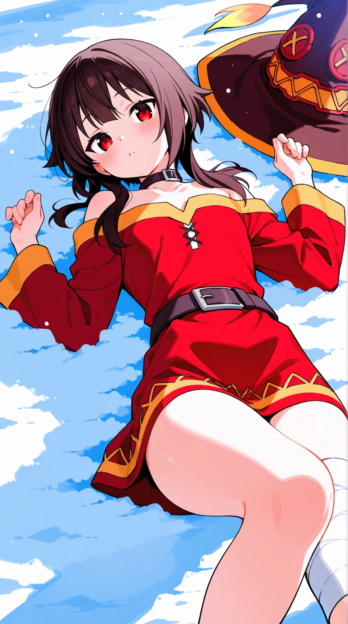 masterpiece, best quality, megumin.off shoulder-sweater. armpitpeek.armpit. flat. cute . young.cloth fell off. . kneeling. looking at viewer. grade school. flat.skinny