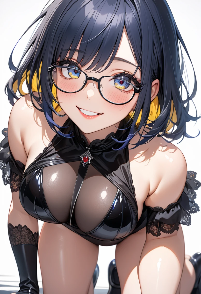 ((dark blue eye)),(masterpiece, best quality, ultra detailed,  highres icon,1girl),busty,model-like physique,Alone,white background, dark blue hair yellow inner hair,yellow inner hair,mole under left eye,big eyes,8k,light makeup,shiny skin,blushing like crazy,glossy lip,very beautiful red nails,,swept bangs,detailed eyes, wearing glasses,((big smile)),Goth girl,from below,kneeling pose