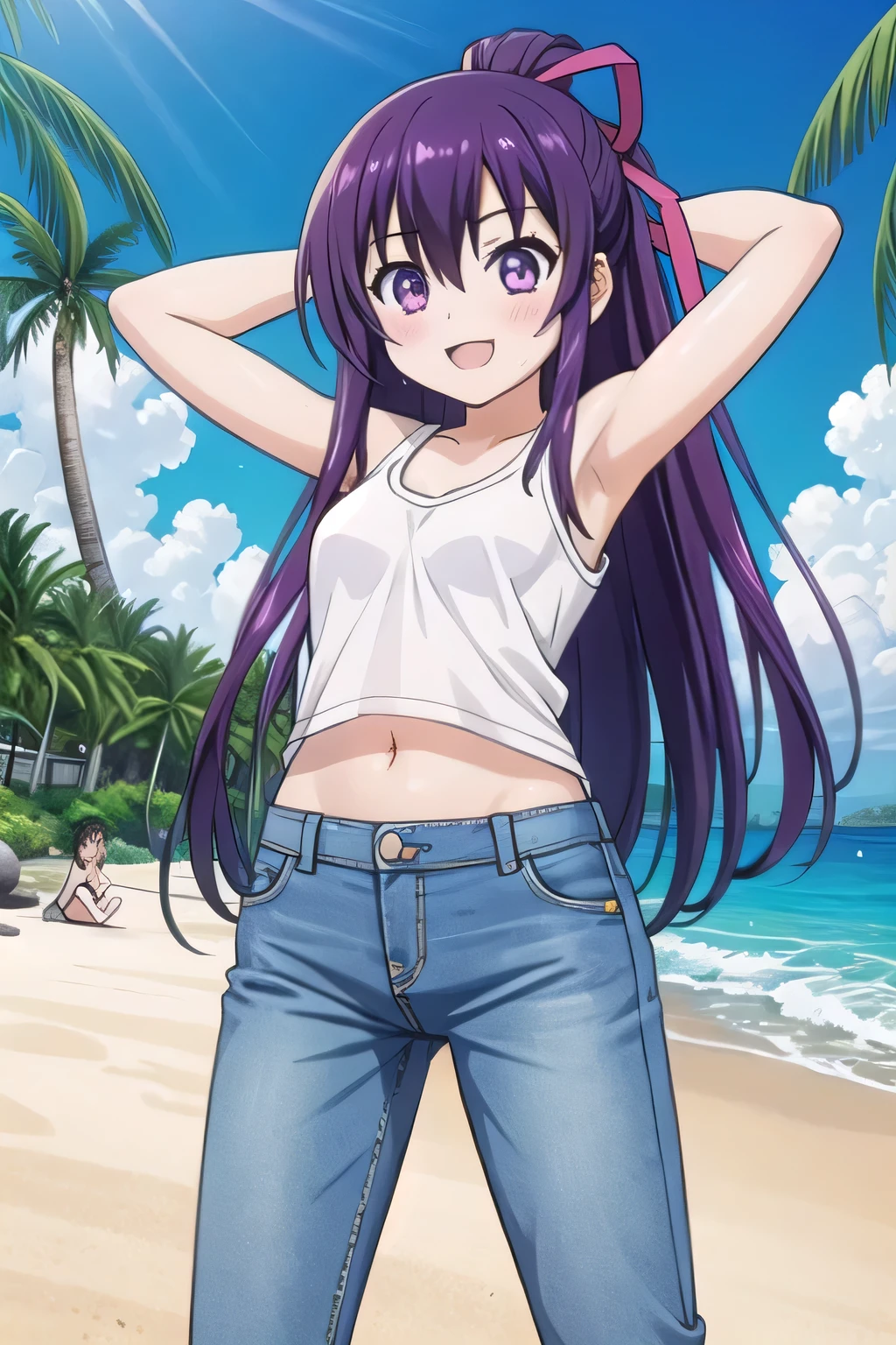 masterpiece,best quality,ultra detail,1girl, 14yo, petite, ((round face, ecstasy, orgasm face, drooping eyes, shame smiling, blush)), dropping eyes, sleepy, background((under the beach, (day:1.2), palm tree, bright sky)), tohka yatogami casual, long hair, purple hair, (purple eyes:1.1), hair ribbon, ponytail, arms behind head, contrapposto, spread armpits, looking at viewer,, White tank top, White crop top, jeans, blue pants, (flares jeans 1:1), blue jeans, standing, (legs spread:3:1), dynamic pose, Sweaty crotch, Steam from the crotch, View nice, quarter body