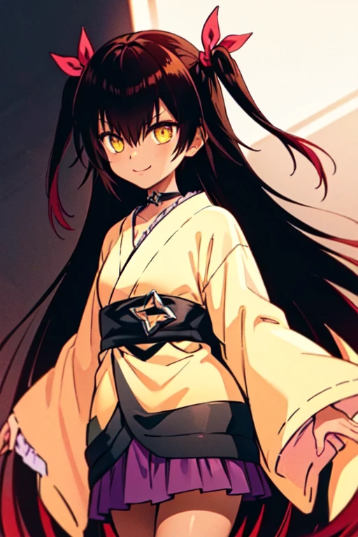 nemesis,best quality, long hair, black hair, two side up, hair ribbon, tan,. dark skin, black choker, frills, japanese black clothes, obi, purple hakama short skirt, standing,evil smile