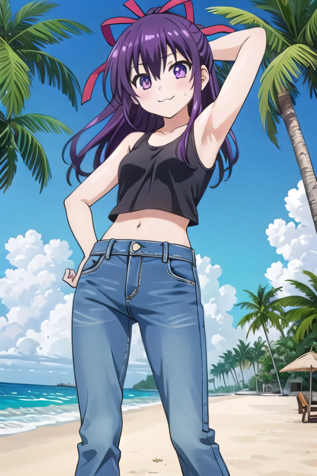 masterpiece,best quality,ultra detail,1girl, 14yo, petite, ((round face, ecstasy, orgasm face, drooping eyes, shame smiling, blush)), dropping eyes, sleepy, background((under the beach, (day:1.2), palm tree, bright sky)), tohka yatogami casual, long hair, purple hair, (purple eyes:1.1), hair ribbon, ponytail, arms behind head, contrapposto, spread armpits, looking at viewer,, White tank top, White crop top, jeans, blue pants, (flares jeans 1:1), blue jeans, standing, (legs spread:3:1), dynamic pose, Sweaty crotch, Steam from the crotch, View nice, quarter body