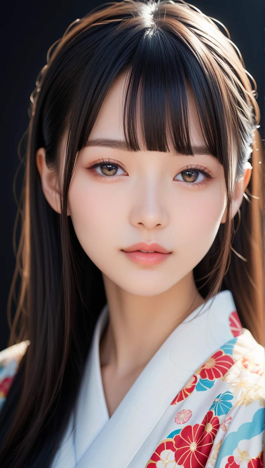 score_9,score_8_up,score_7_up, masterpiece, 1girl, 20 years old, 8k, hd, beautiful girl, black hair, long hair, blunt bang, straight hair, looking at viewer, front view, close-up of woman's face, detailed face, beautiful woman's face, kimono, black background, 