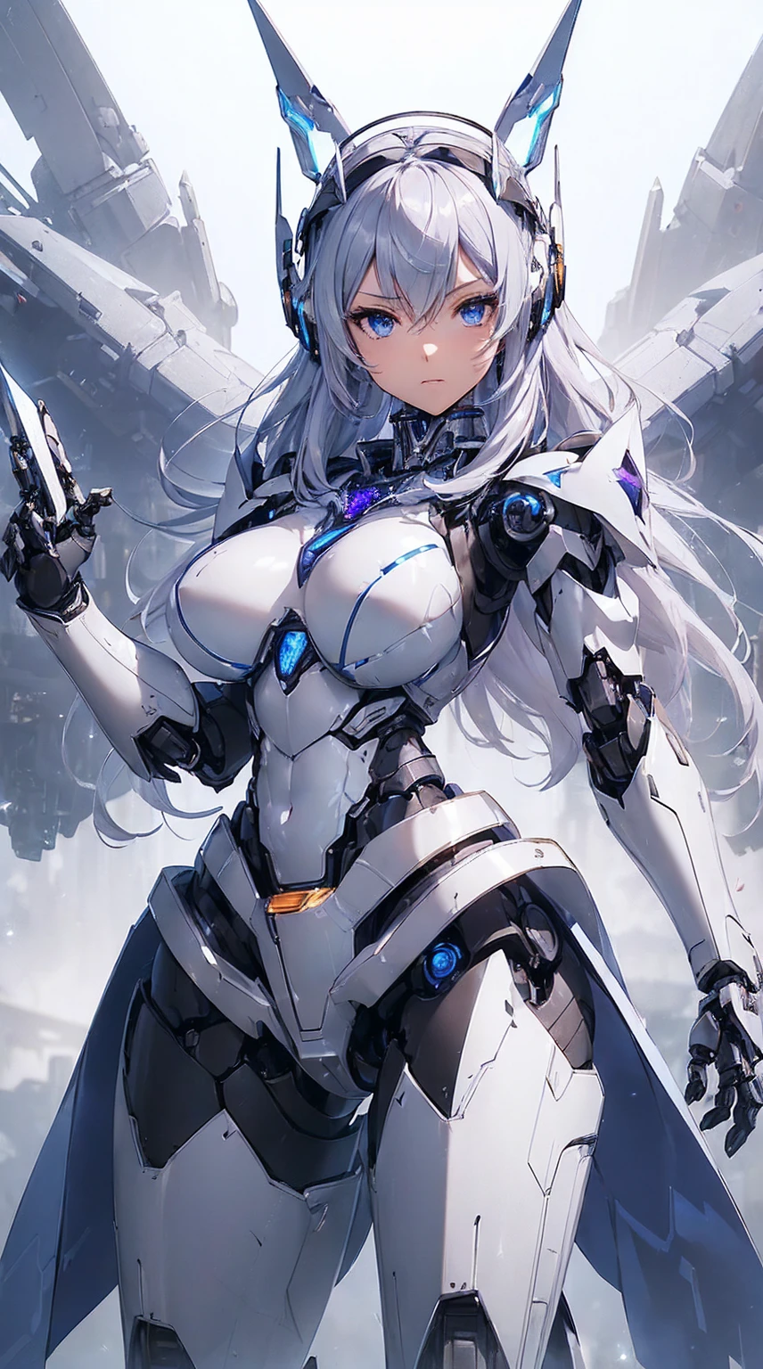 (Sit with one knee on the machine:1.6)、(Full body description:1.3)、((Shining lenses on both breasts:1.3))、((Blue pillars of light are emanating from both chests.:1.3))、smile、((8K)), ((32k)), ((Highest quality)), ((masterpiece)), ((超A high resolution)), ((Tmasterpiece)), ((Halation:1.4))、((Mechaニカルheadgear:1.2))、((Cyber headphones:1.3))、Fine skin, High quality fabric, Fine metal texture、((Beautiful and dense face))、RAW Photos、Professional, Ultra-fine painting, ((alone)), Beautiful breasts、Highest quality, Very detailed, Very detailed詳細, Finer details, so beautiful, ((Princess Knight Robot:1.2)), (Joints of machines, Mechanical Limbs:1.3), (The internal structure of the machine is exposed:1.3), (Long silver hair:1.1), (Beautiful and huge mechanical breasts)、White Veil, cowboy_shot, Side Focus, headgear, Shiny、(Five Fingers, Four fingers and thumb),Concept Art, Anime fantasy artwork, Detailed fantasy art, (with pale blue-violet hair and large white wings,,,,,,,), (((Long silver hair))), (Mecha:1.6)、Sleek and intimidating design, ((Commander-in-Chief'arm)), (Perfect robot body)、純白と青紫armまたは, Symmetrical wings, 8K high quality, detailed art, 3D rendering of character art in 8K, neat legs, Defined, Defined fingers,