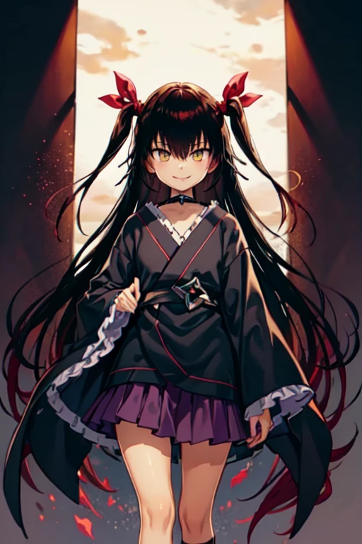 nemesis,best quality, long hair, black hair, two side up, hair ribbon, tan,. dark skin, black choker, frills, japanese black clothes, obi, purple hakama short skirt, standing,evil smile