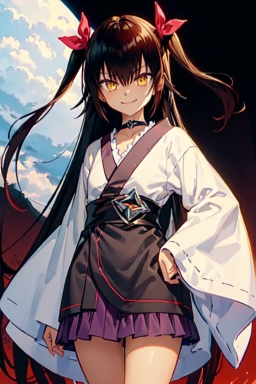 nemesis,best quality, long hair, black hair, two side up, hair ribbon, tan,. dark skin, black choker, frills, japanese black clothes, obi, purple hakama short skirt, standing,evil smile