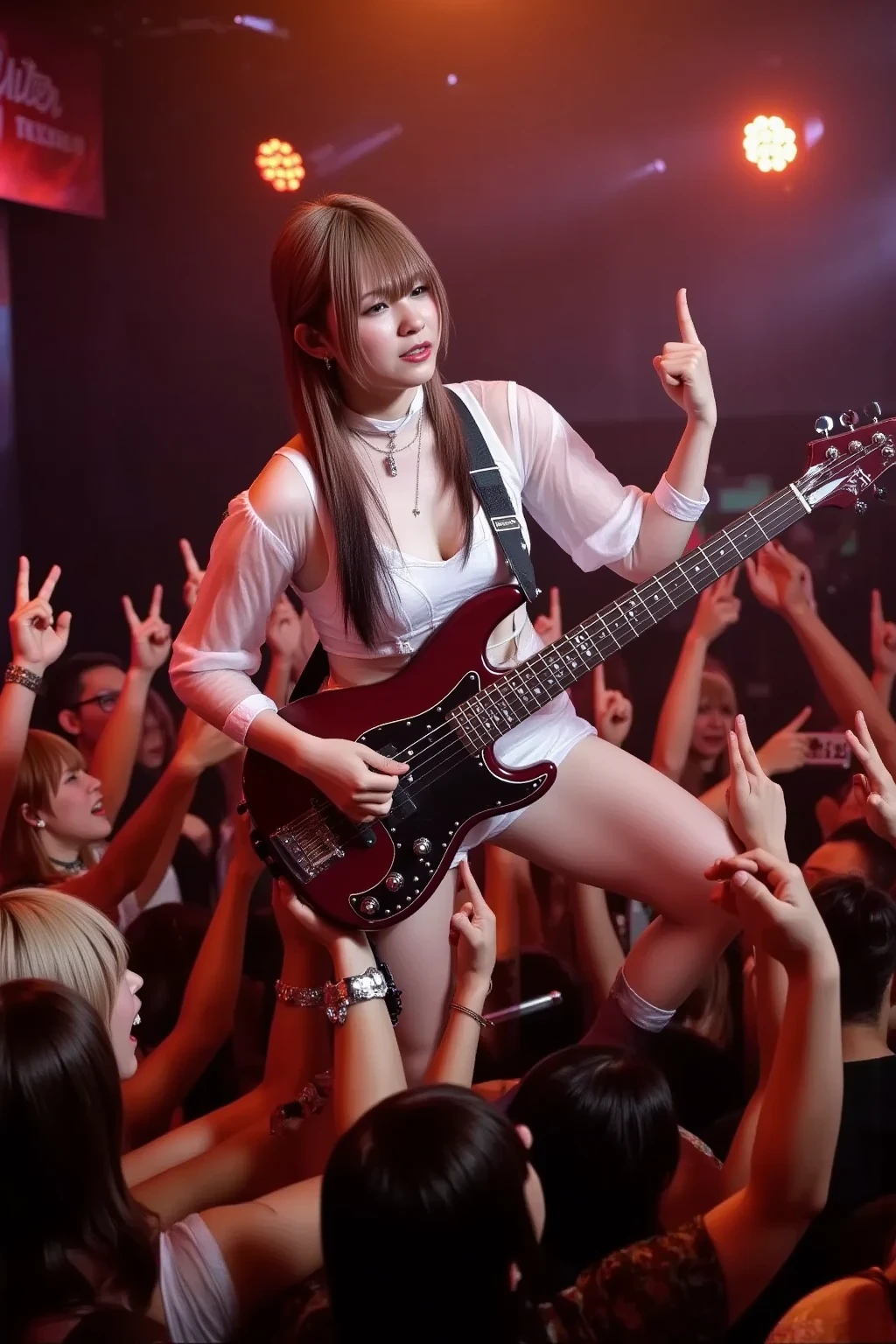 Fami_Normal, 1girl, solo, She is a professional bassist that consisted of 5 Japanese females heavy metal band "Lovebites" .,
(8k, RAW photos, top quality,masterpiece:1.2),( realistic , Photorealistic:1.37), super detailed , super high res, Detailed bass, makeup, gross red lipsticks, She is playing the bass at an audience, sometimes she raise a right arm while smiling to respond to her fans., Her base is wine-colored, "FAMI" logo on a bass body., (beautifully detailed face) ,Narrow , (beautifully smooth skin), (skin texture), (shiny face), (shiny skins), She has F cup breasts, brown hair, a lot of orange spotlights toward her, A large banner "LOVEBITES FAMI" pasted., High angle and bust-up photo, (((Her face is shining and wetting with sweats.:2.0))),  ((She wears a white see-through neck and sleeve dress which covered with a white off-shoulder dress, and a white short pant and white color's tight semi-long short boots under knee.)), (There is a feedback speaker in front of her and put her right leg on the speaker.) , (Furthermore there are a lot of male fans in front of below stage). They raise their horn.,  She is looking at her fans.,