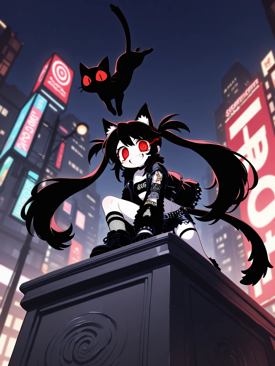 (Alone:1.2), 1 girl\( cute, Cute,( Evil Smiles ),  at your natural neck length,teeth,  stand on the podium, The letters written on the podium, ( black hair:1),( long hair),(twin tails:1.5), red eyes, ( detailed pupils:1.2),spiral eye, shining eyes , ( big eyes),(breast:1.4),( white skin:1.3), (punk fashion:1.6),(ripped clothes:1.3),(tight tube top),(tight hot pants),(The stomach is visible:0.8),( abs:0.8),(ripped black short jacket:1.4),(Fluffy black cat ears:1.6),(Fluffy black cat ears:1.6),(dynamic pose:1.4),bangs\). BREAK .background\(outside, Noisy city, Backstreet,  narrow street ,  from below, At night\), pop art,  brightly colored , ( graffiti art:0.5)