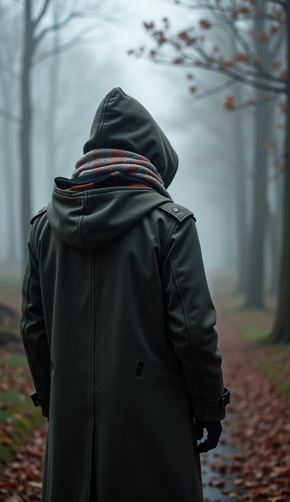  A completely invisible man with his back  、  wears a hooded trench coat ,   A beautiful scarf highlights its presence  ,   creates a back that tells a sad travel story , Free support from friends  、  guarantees the warmth of a trench coat  