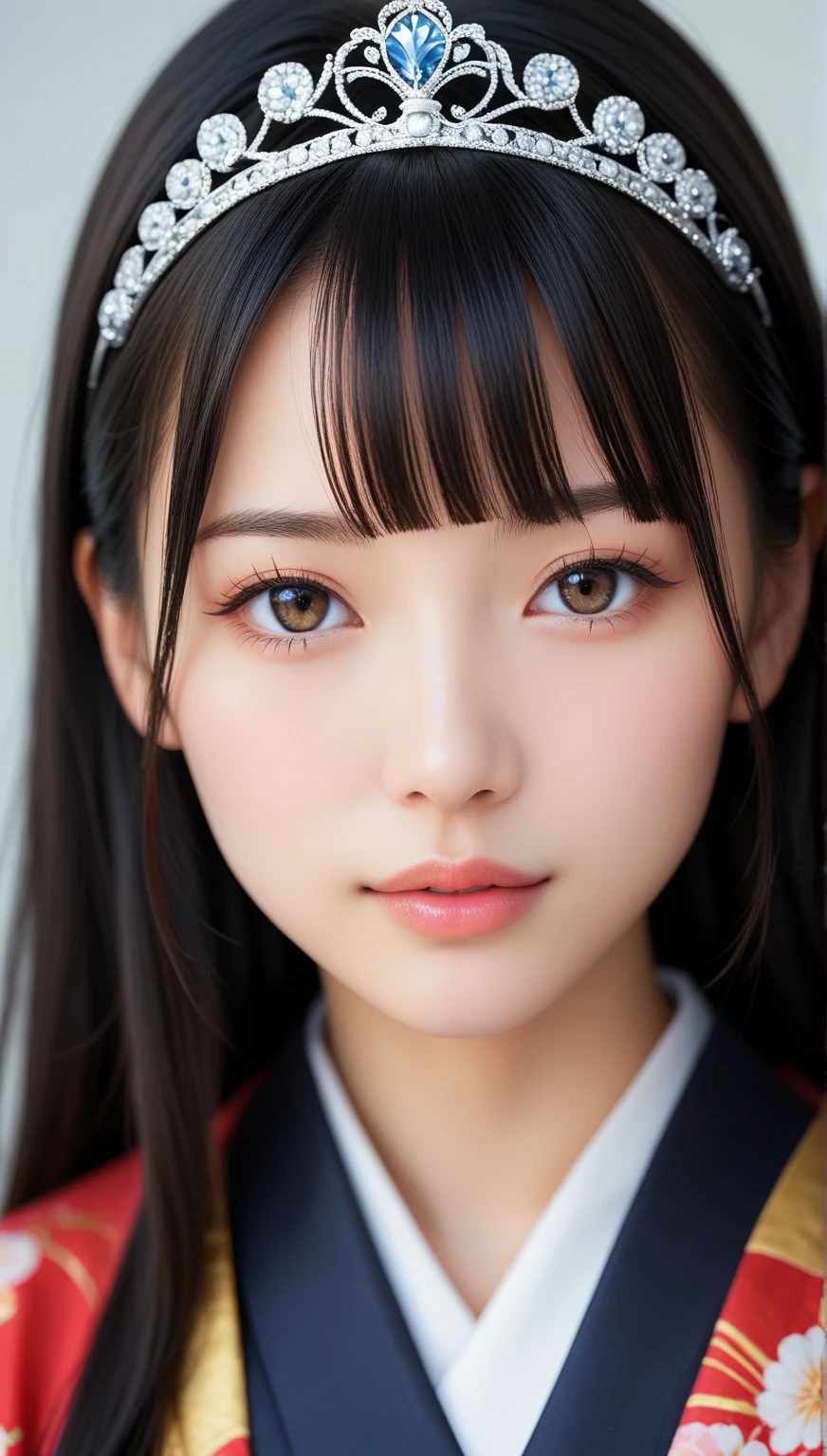 score_9, score_8_up, score_7_up, masterpiece, 1girl, 20 years old, 8k, hd, beautiful girl, black hair, long hair, blunt bangs, straight hair, looking at the viewer, front view, tiara, close-up of a woman's face, detailed face, beautiful face, **traditional kimono**, black background