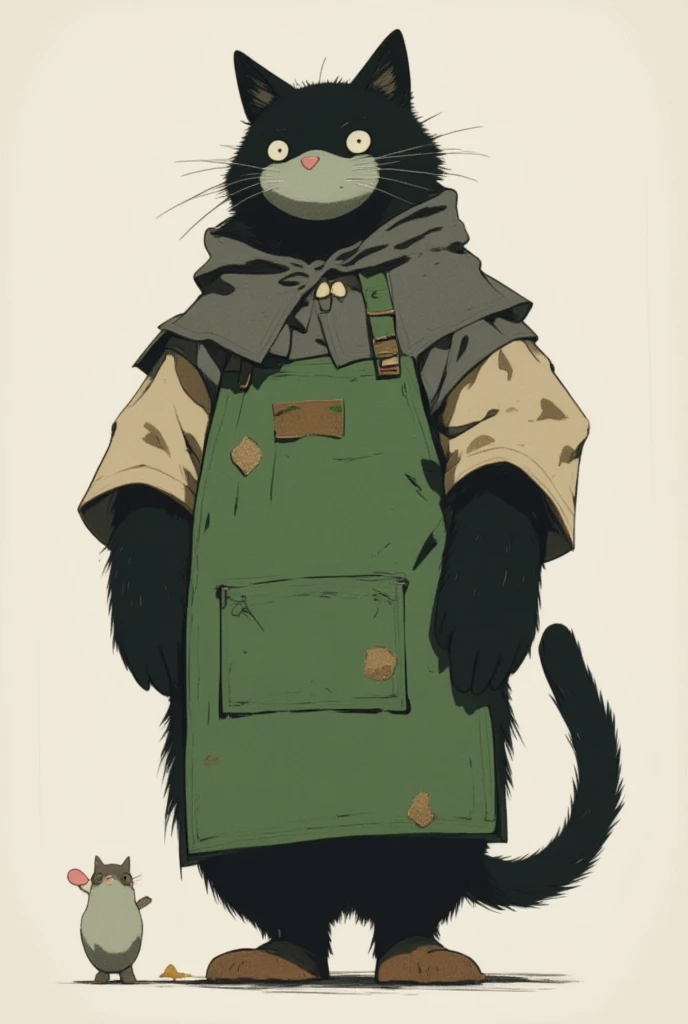  black cat walking on two legs bigger than humans \Shōjō,  wearing a green apron ,  gray coat from nose to stomach, Ears facing outward ,  poor eyesight ,  charming face, :3