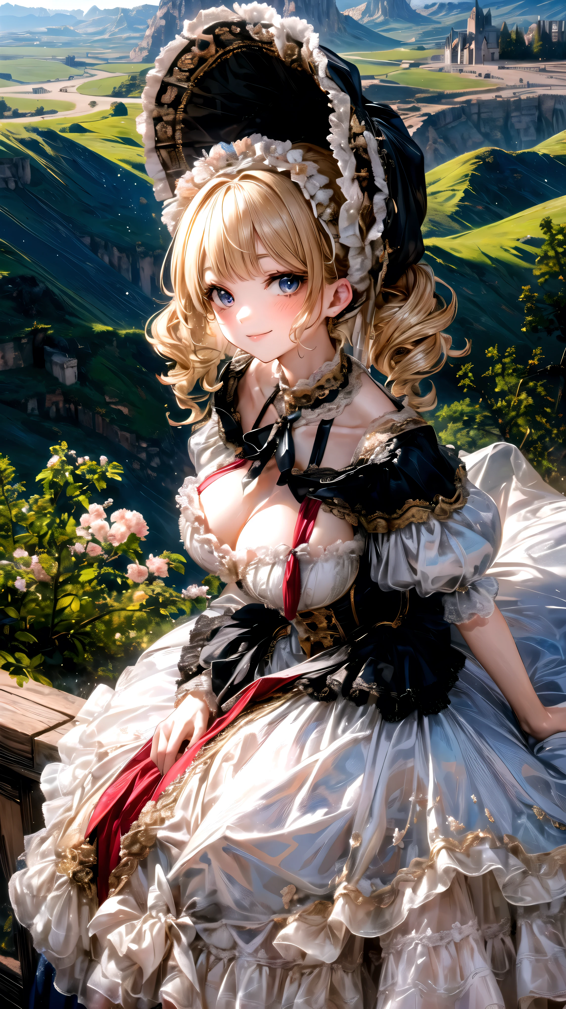  medieval Europe , Lady, Blonde, Curly Hair,  Floral Crinoline Hoop Skirt, petticoat dress,  big breasts, hyper detailed beautiful eyes, bonnet, Fluffy, ((smile)), looking at viewer, (from above:1.1), leaning forward, from front view, ((sit)), (very wide shot:1.3),  spectacular views,  Amazing Scenery, Ranch, ((distant shot, character as part of landscape)), 