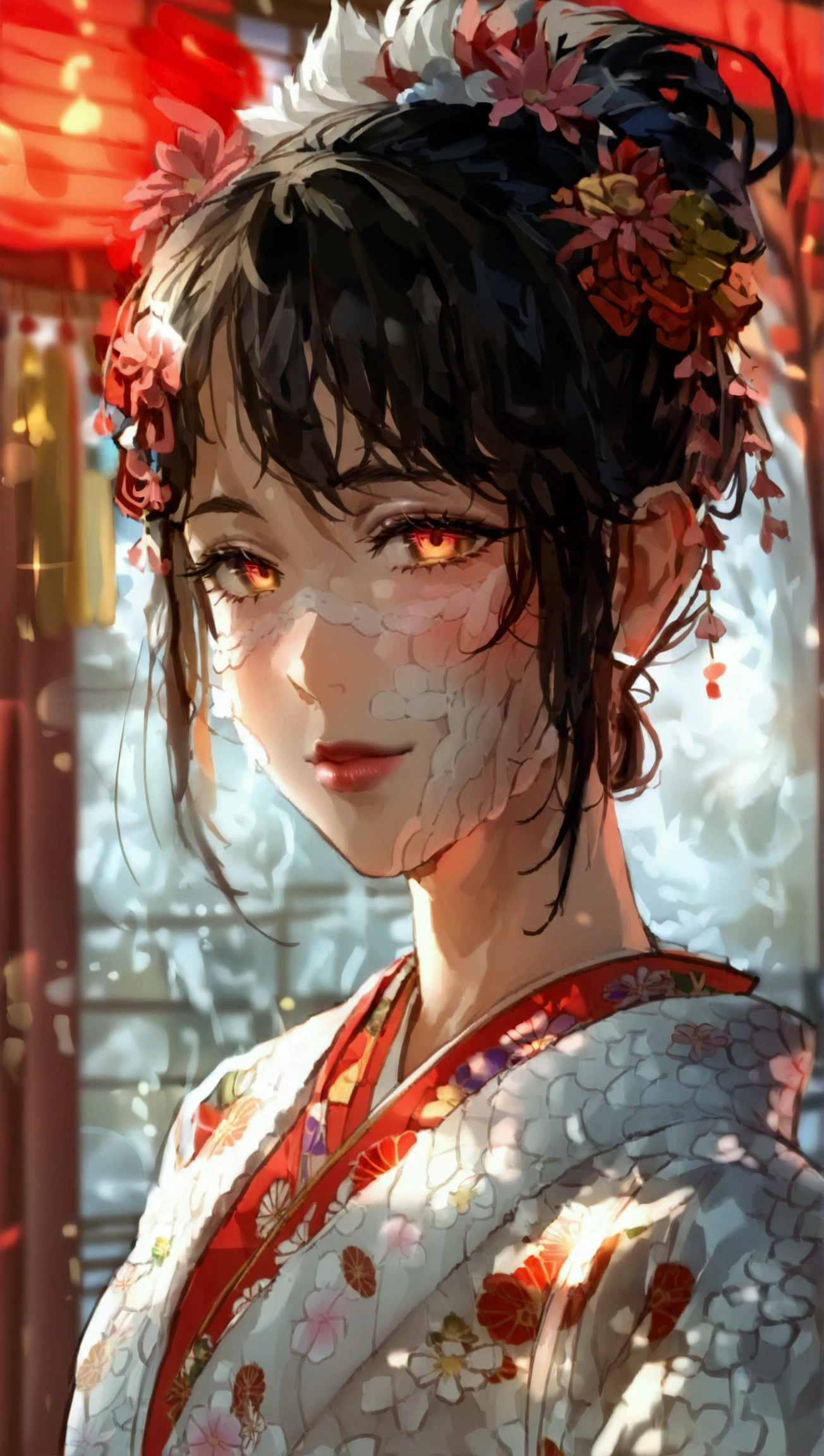 ((Best quality, 8k, Masterpiece:1.3)), 1girl, Pretty woman with slender abs:1.3, (random hairstyles, Huge breasts:1.2), Indoor, Ultra-detailed face, Detailed eyes, Double eyelid, up hair, hair ornament, kimono, New Year's, white snake in the background.