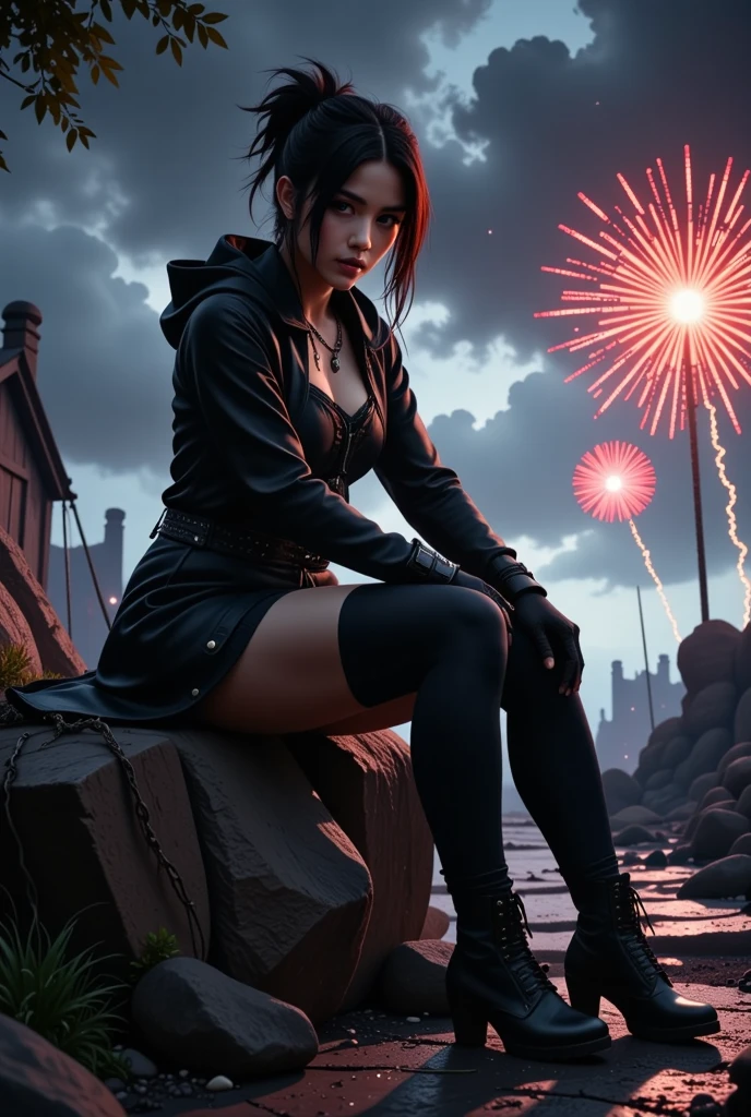 A digital painting of an assassin in a gothic outfit [woman] with a whip in her hand sitting on a stone, wearing short black roch, tights and boots. She has big red eyes, a messy [black] hairstyle, in the background is a small decorated fireworks display, dark sky with stars, eerie atmosphere