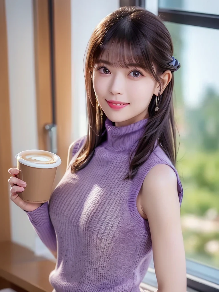 top quality、 Super high resolution 、(Photographically: 1.4),( elegant mature :1.3), ((I'm wearing a purple sleeveless turtleneck sweater:1.3)), ( white pleated mini skirt), (Beautiful breasts,Chest irregularities:1.1), (  shiny hair:1.2), ((  asymmetrical bangs that grab the chest:1.2)), ((  standing by the window drinking coffee:1.2)), ( Watch Viewers :1.2), (( focus on the face:1.2)),((A morning in a modern Japanese office:1.2)), ( face close-up:1.2),(Kind expression,smile)