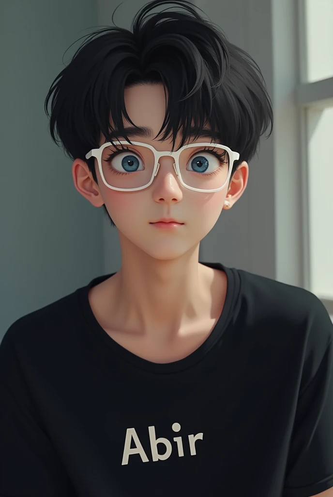 Boy black hair white skin blue eyes with thin texture wears color blindness glasses