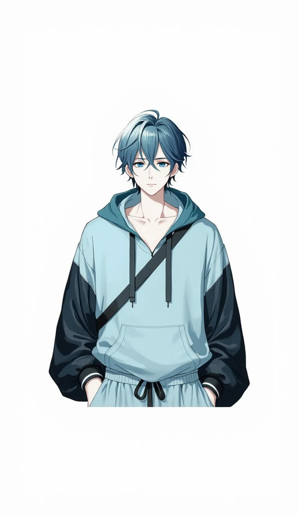 1 male, blue hair, wearing white glasses, pointing behind, not wearing clothes, high quality, 8k