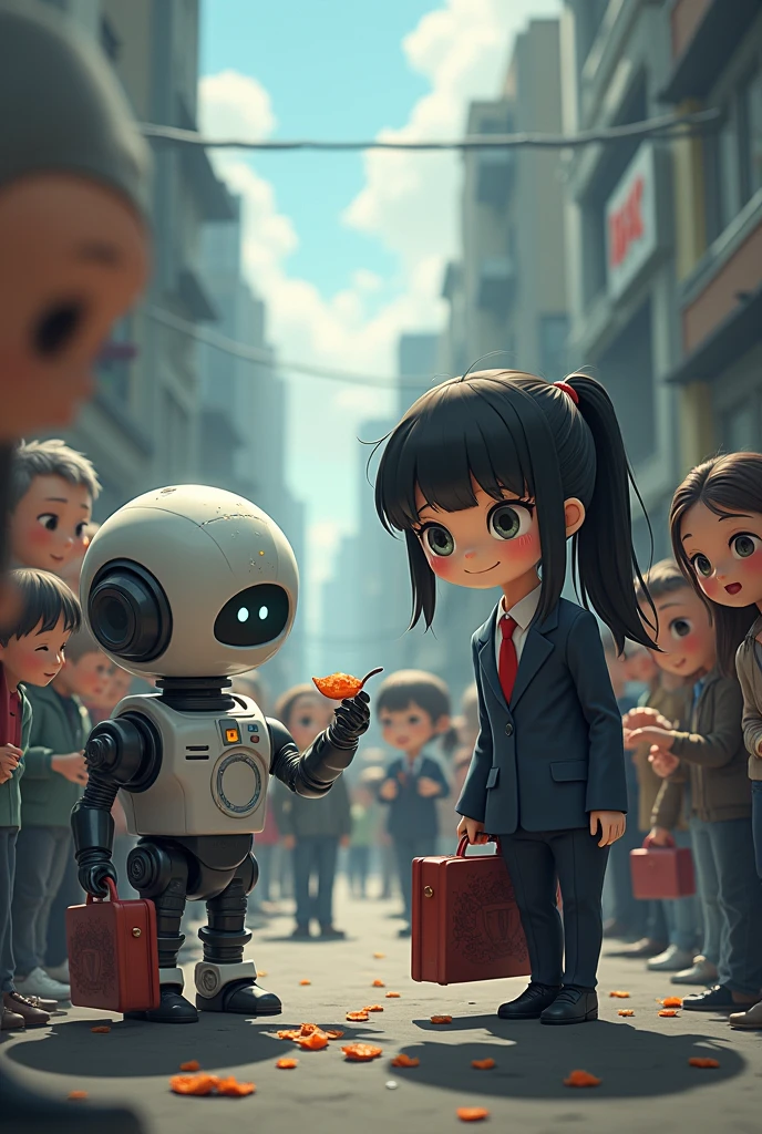 Create a photo of a chibi robot scene with a female spirit wearing a briefcase, with tentacles protruding from the briefcase and distributing food to people in distress