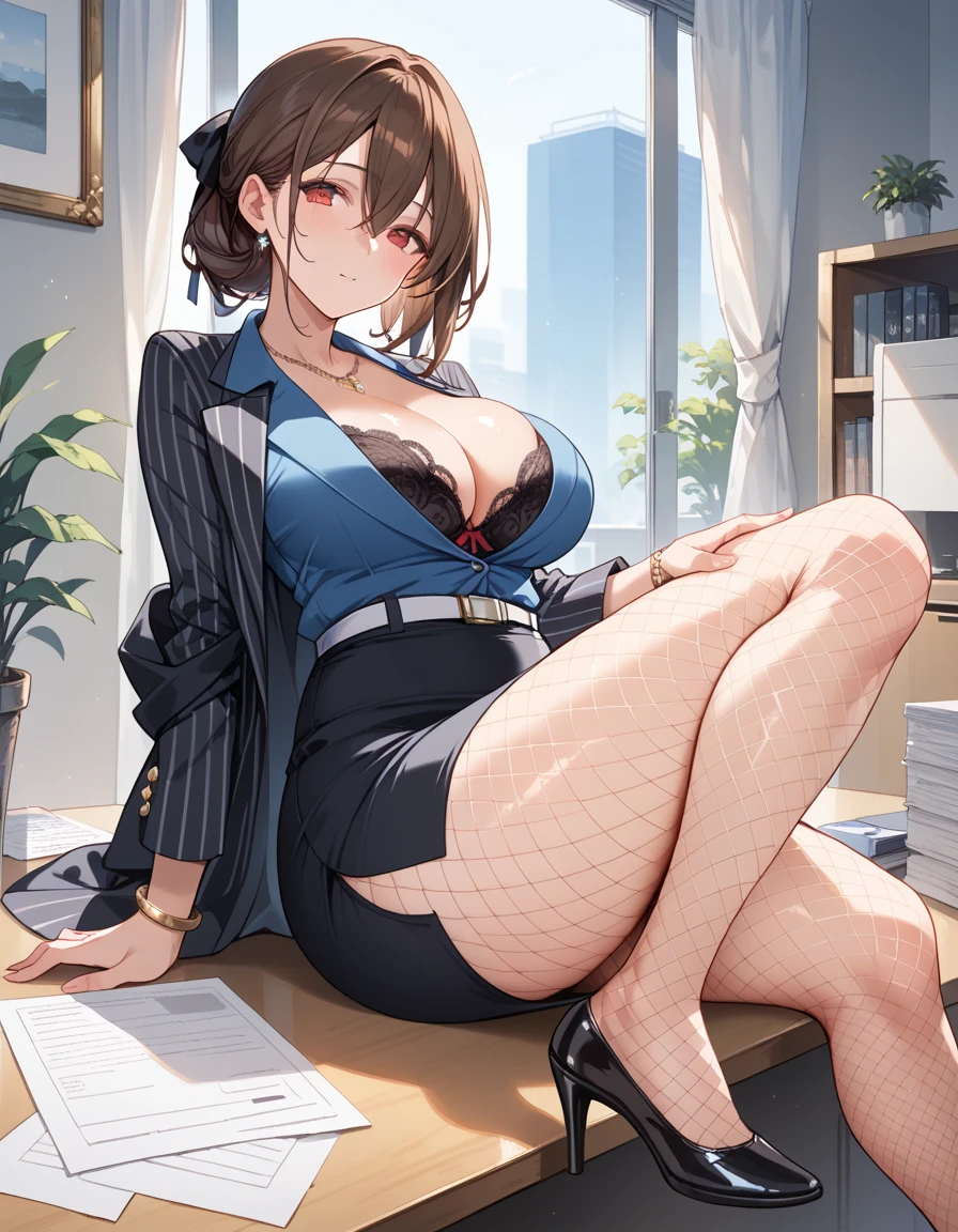 office,Bob,Black jacket,White shirt,Cleavage,Leg spread,M字Leg spread:1.7,Job recruitment suit:1.5,Ahega,Sexual climax:1.5, Pencil Skirt,High heels