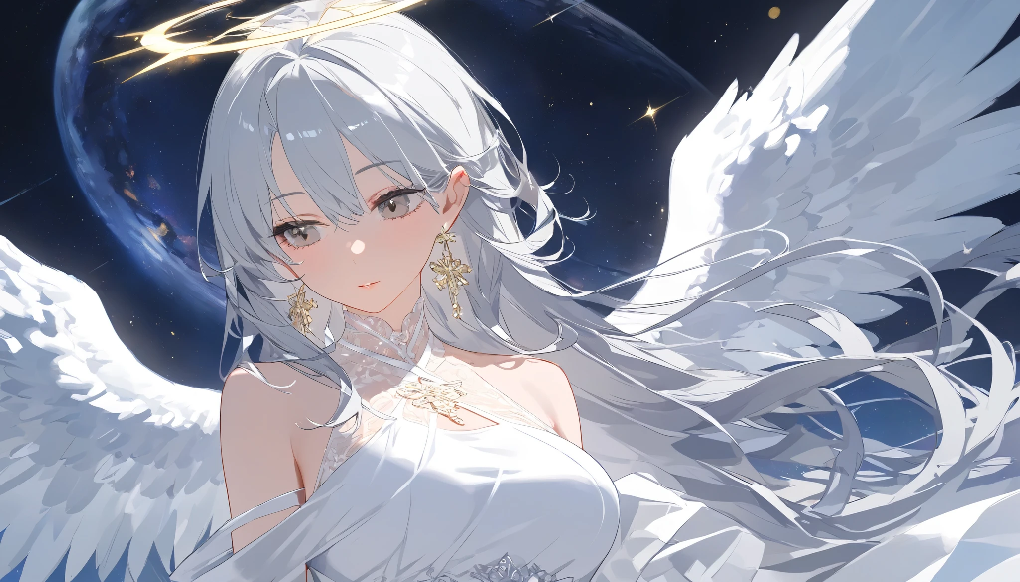 Alone,  angel, (( mature woman)), White Hair,  gray eyes, white theme dress, Celeste , heaven, null