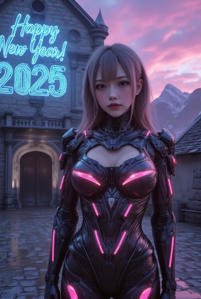 ultra-realistic, photorealistic, dramatic scene, shadow, global-illumination, solo, perfect anatomy, perfect fingers, (teenage Japanese famous idol girl but cyborg), very beautiful with very cute face, detailed face skin texture, (modern maid but futuristic cyborg), intricated complex cyber punk mechanical neon cyber cyborg body, (her cyborg body is fully covered with extremely detailed futuristic mechanical armored suits), absolutely complex futuristic cyborg body, neon markers are integrated in her body, head gear, (very large breasts), slim waist, She is standing in front of the antique wooden gate at the old European castle, (the projection mapping of the words "Happy New Year! 2025" are projected on the castle with blue laser), beautiful new year's sunrise from the snow mountain, purple with pink