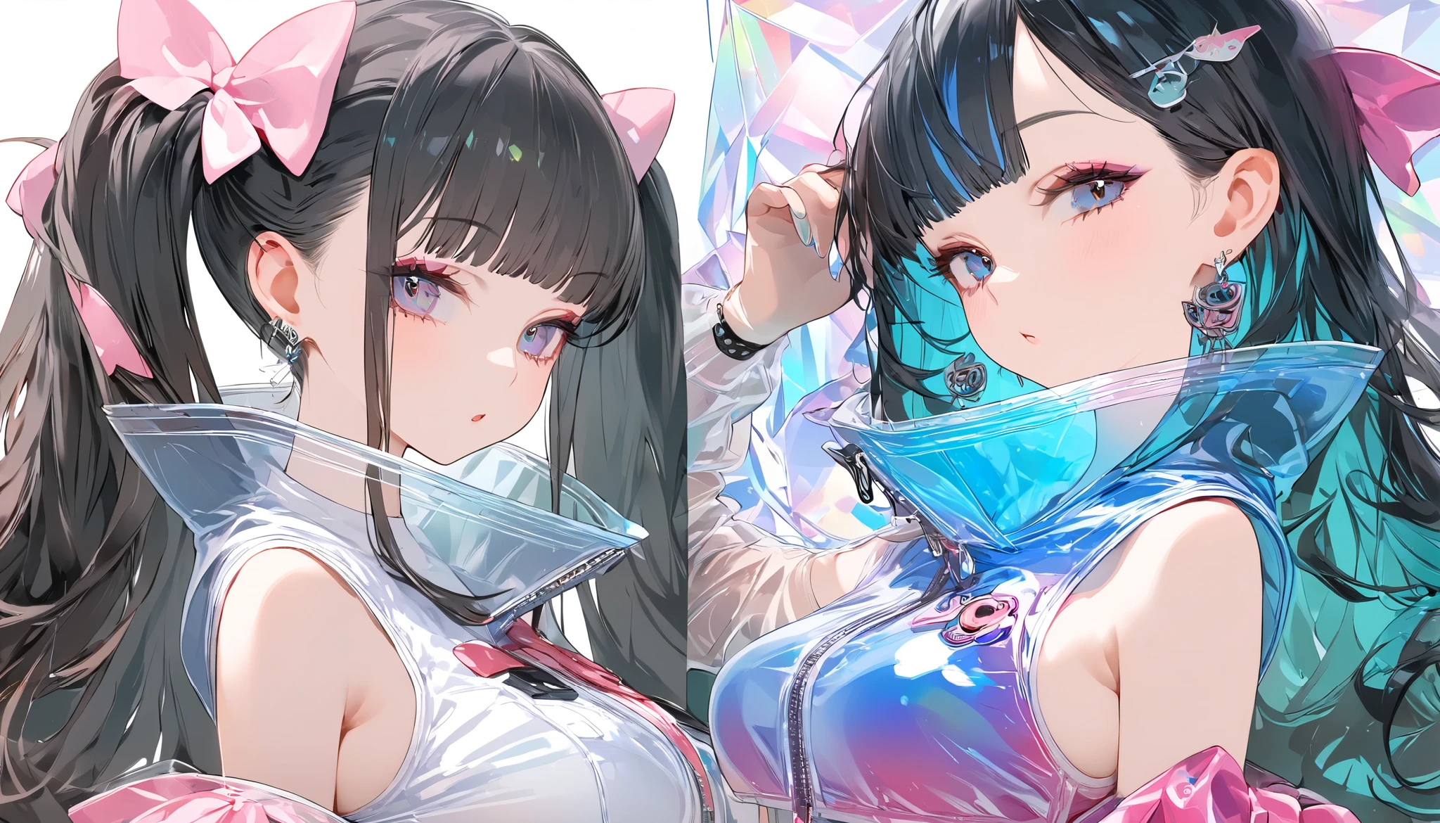 Transparent PVC clothing,  Clear Vinyl Clothes,  prism,  holographic,  Color Difference,  Fashion Illustration , masterpiece, Harajuku Fashion Girl ,  Show Viewers , 8k,  super detailed ,  pixib , masterpiece,  top quality , score_9, score_8_Excellent, score_7_Excellent,  very detailed