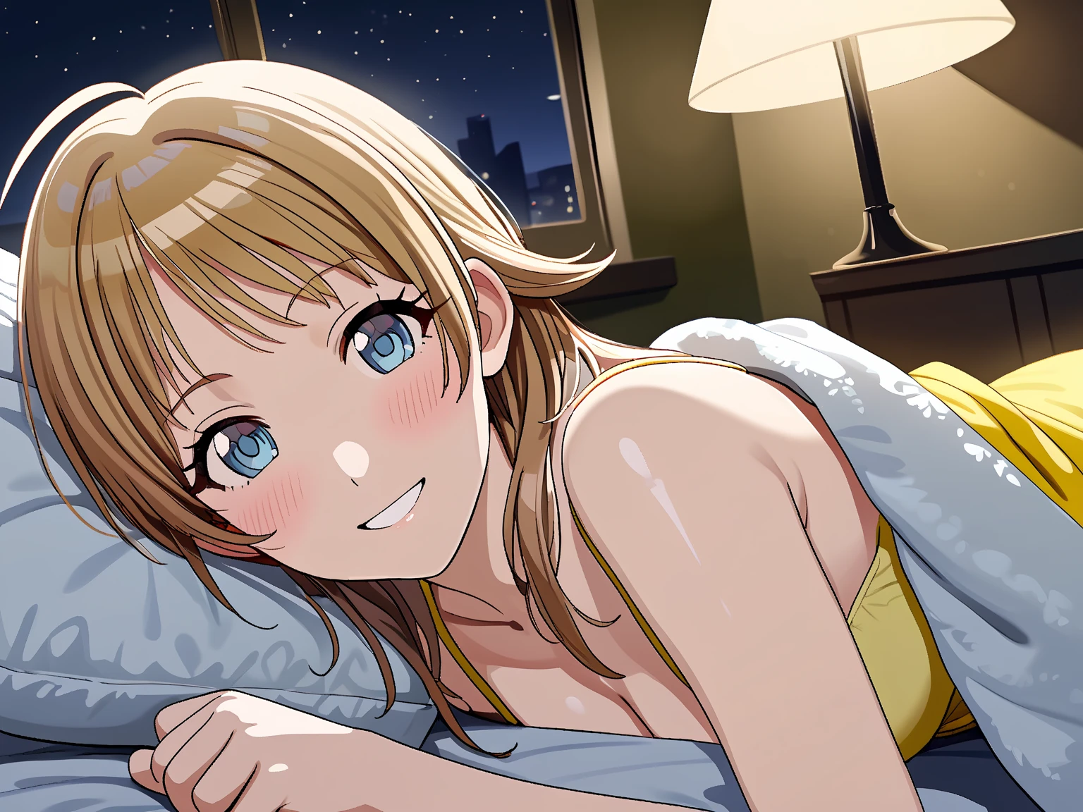 (masterpiece), (Highest quality), (Very detailed), (The best shape), (Best Shadow), (Absurd), (Detailed Background), (so beautiful), Shiny, Beautiful eyes in every detail, Extraordinary, Countershading, 8k, 32K, High resolution, Very Detailed CG,

Hachimiya Meguru, blonde hair, long hair, (blue eyes:1.2),
the idolmaster shiny colors,
anime style,
realistic skin,

(blush:1.3),
smile,
bedroom,
yellow pajamas ,
pov across bed,
bed invitation,  lifting covers,
(pich-Dark Room:1.2),
(late night,:1.3)
わずかな明かり,
closed-up shot,