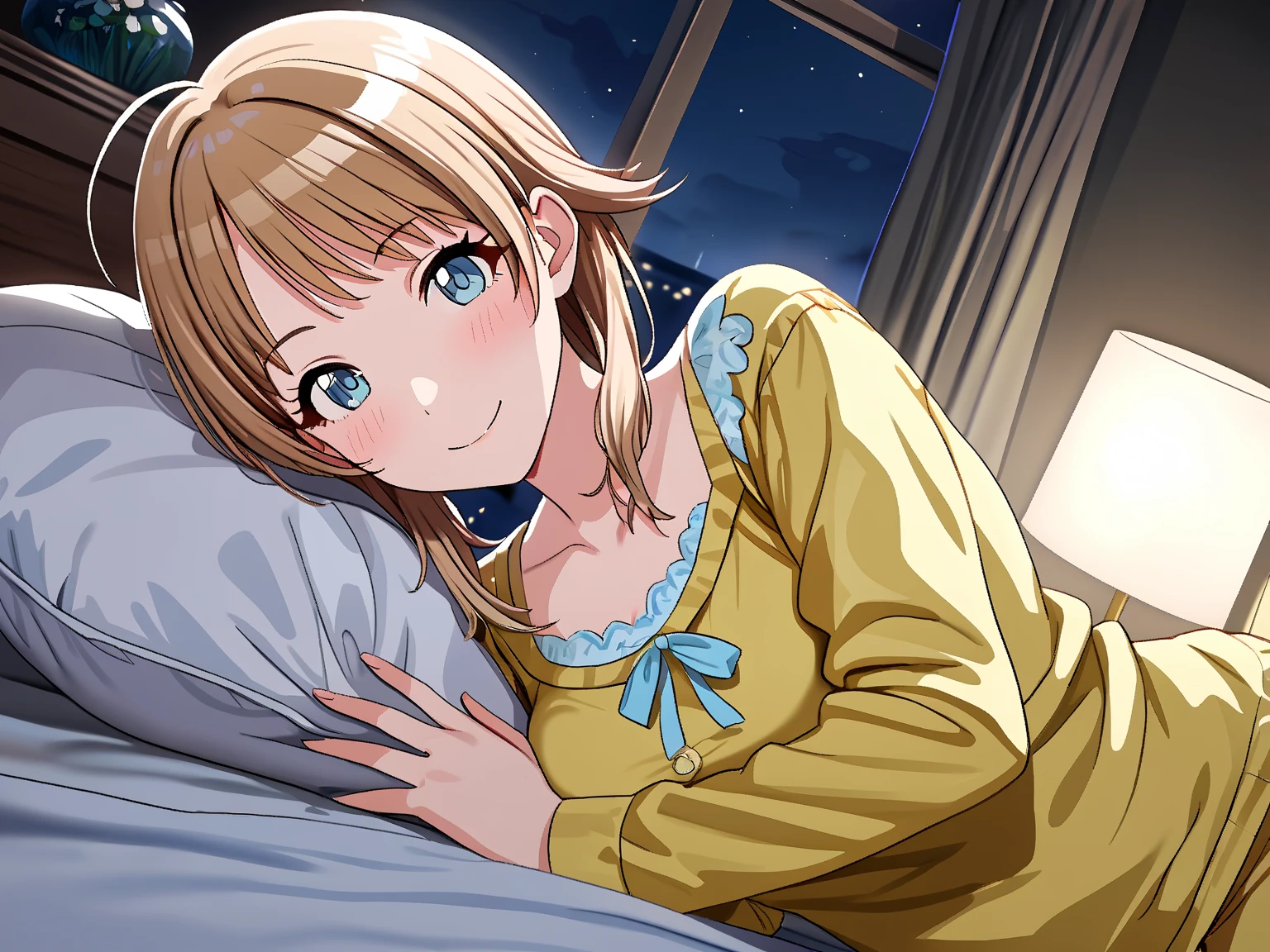 (masterpiece), (Highest quality), (Very detailed), (The best shape), (Best Shadow), (Absurd), (Detailed Background), (so beautiful), Shiny, Beautiful eyes in every detail, Extraordinary, Countershading, 8k, 32K, High resolution, Very Detailed CG,

Hachimiya Meguru, blonde hair, long hair, (blue eyes:1.2),
the idolmaster shiny colors,
anime style,
realistic skin,

(blush:1.3),
smile,
bedroom,
yellow pajamas ,
pov across bed,
bed invitation,  lifting covers,
(pich-Dark Room:1.2),
(late night,:1.3)
わずかな明かり,
closed-up shot,