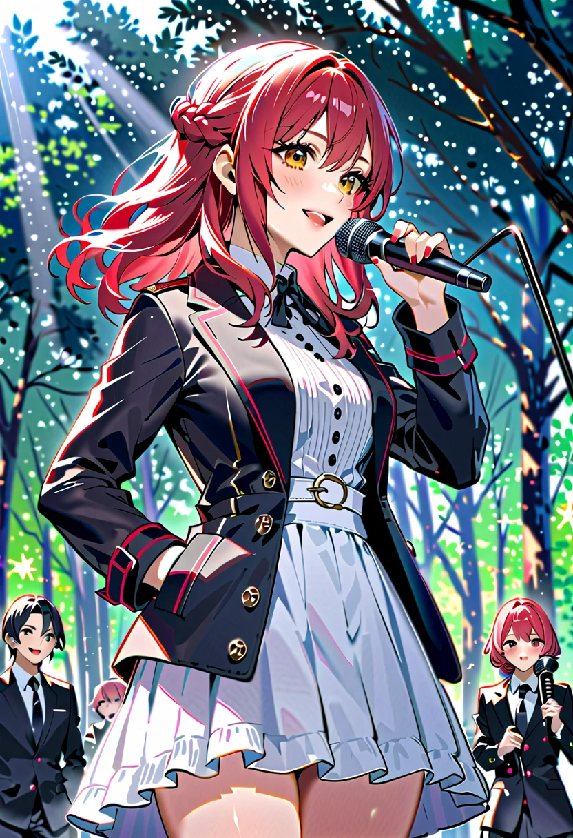  1 woman 、Forest background 、Daytime、 standing alone、 age is 35、winter服、delicate、winter、 hairstyle is wolf hair、 red hair、The clothes are black、Golden Eyes、Smile、's greatest masterpiece、singer、Sing in front of the microphone