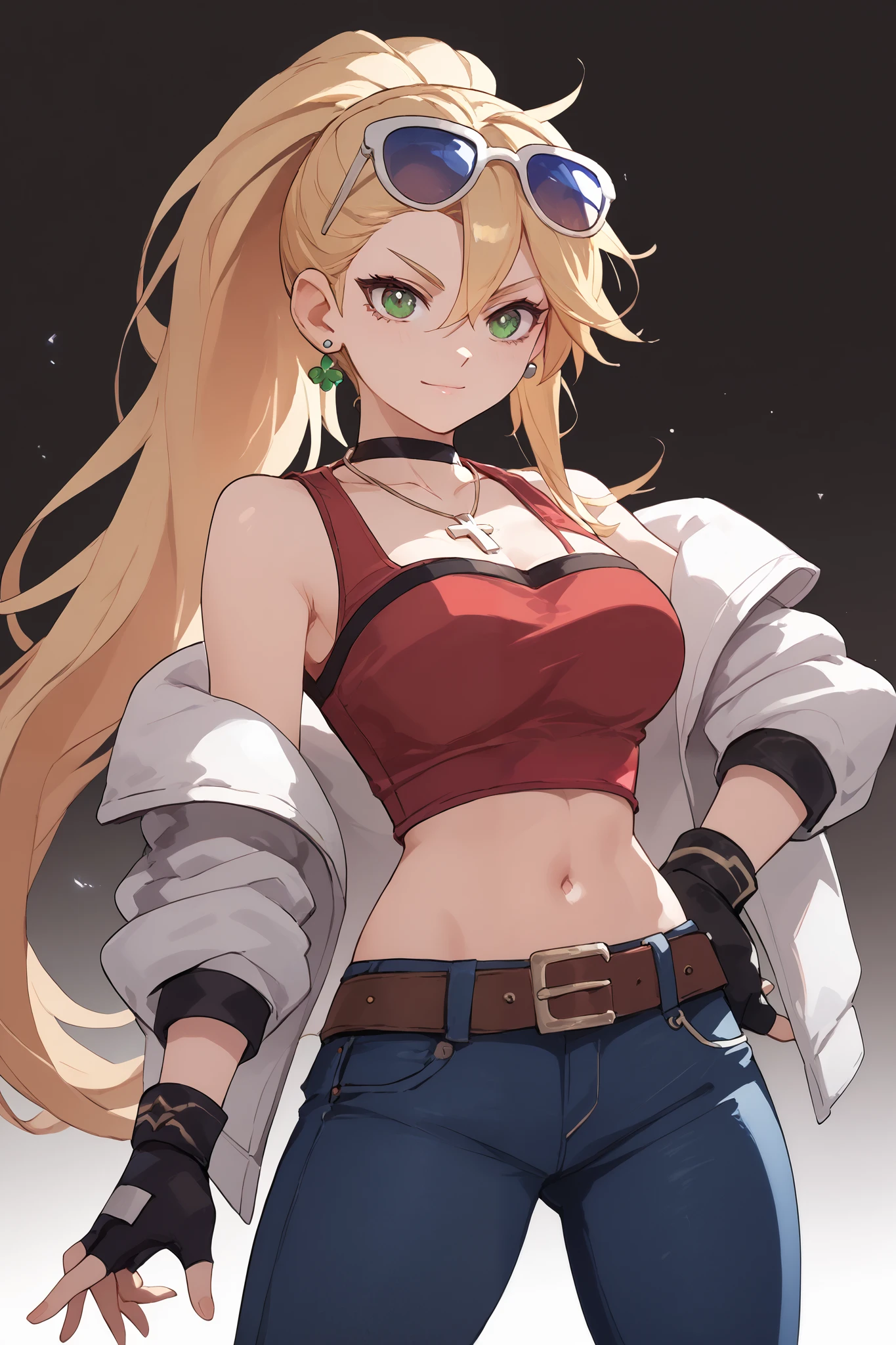 20 year old girl, long flowing ponytail blonde hair, red stripes on hair, blue sunglasses on head, cute face, green eyes, light blush, green earrings, prism necklace, black tube top with a white cross, open midriff, white biker jacket, red vest, fingerless gloves, jeans, very loose brown belt, steel toe boots, breasts, thin waist, standing, relaxed down arms, cute pose,