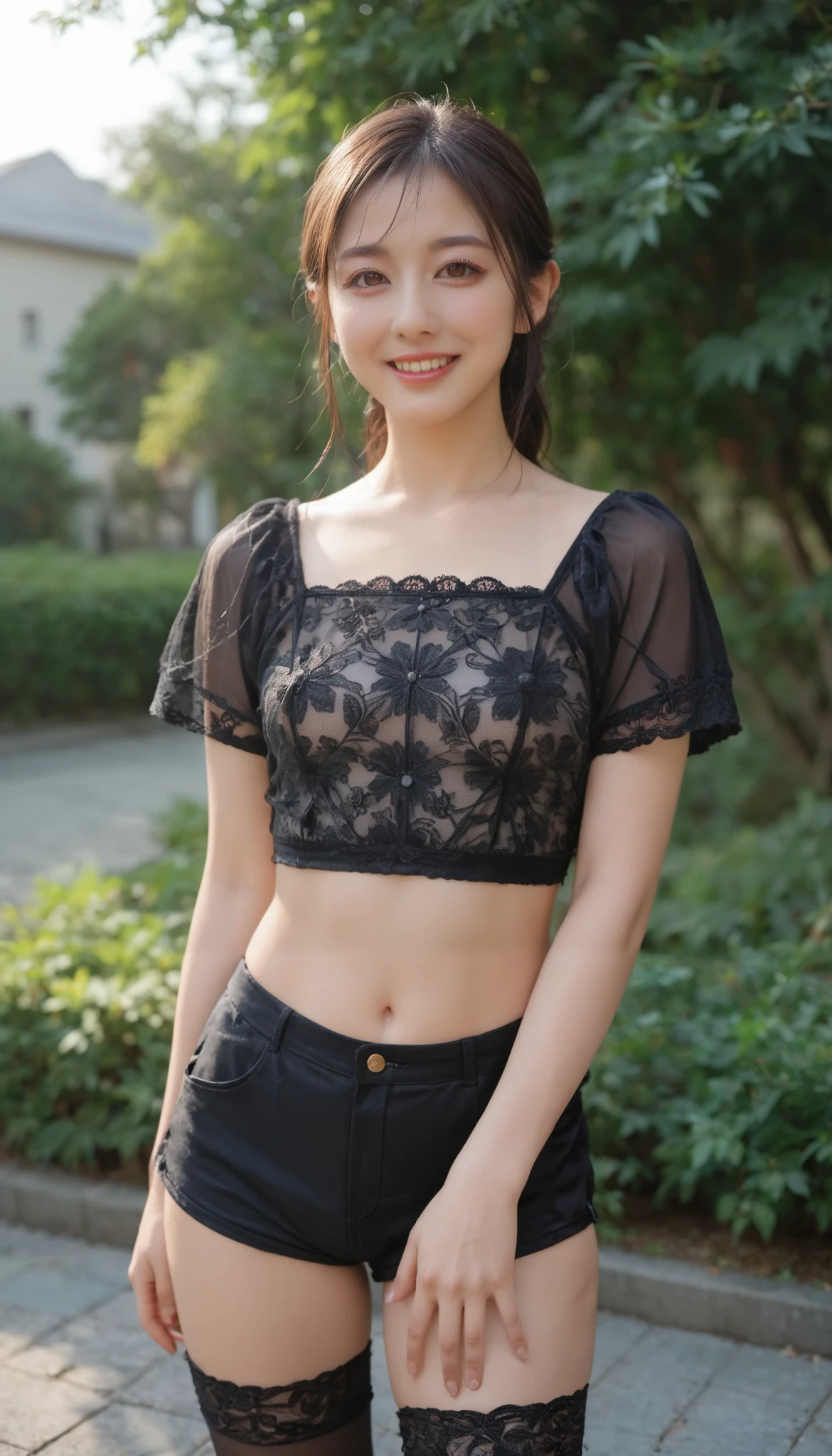 score_9,score_8_up,score_7_up, source_real, masterpiece, best quality, amazing quality, photo-realistic, high resolution photograph of a Japanese adult woman, 8K, RAW photo, intricate details, sharp focus, professional lighting, solo, 1girl, a tall lady, portrait, pale skin, shiny skin, smile, sensual face, detailed face, beautiful detailed eyes, dark brown eyes, seductive eyes, eyeliners, eyelashes, beautiful pupils, sophisticated nose, (detailed lace see-through sheer black blouse, short shorts, thighhighs), (tiny breasts, braless, covered nipple), sensual posing for gravure photography, outdoors,
