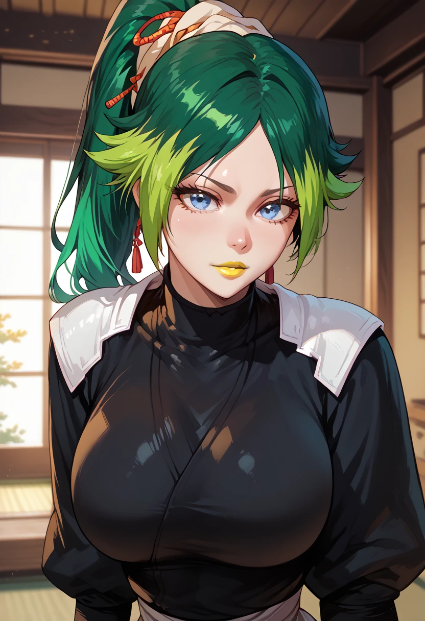 woman, white skin, yellow lipstick, yellowish green hair, multicolored hair, ponytail, blue eyes, large breasts, anime style, black clothes, inside Japanese house