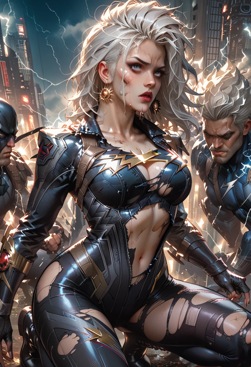(perfect anatomy), (sports body), (big breastes), (thick-thighs), (perfect arms), (latex suit ), Pointed bracelets, looking a viewer, (Medium full-frame photography), (Background of the battle arena), (White dreadlocks)