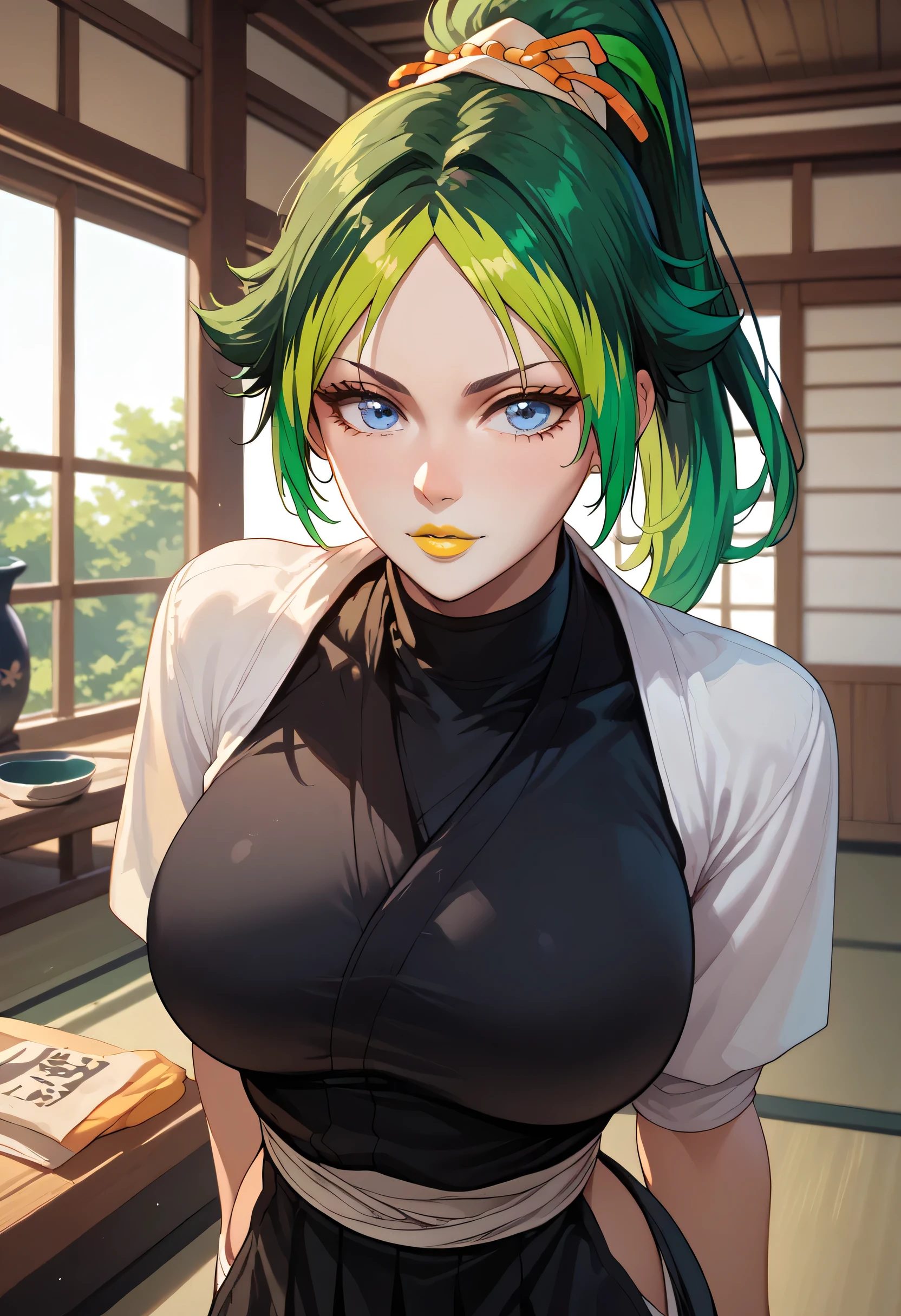 woman, white skin, yellow lipstick, yellowish green hair, multicolored hair, ponytail, blue eyes, large breasts, anime style, black clothes, inside Japanese house