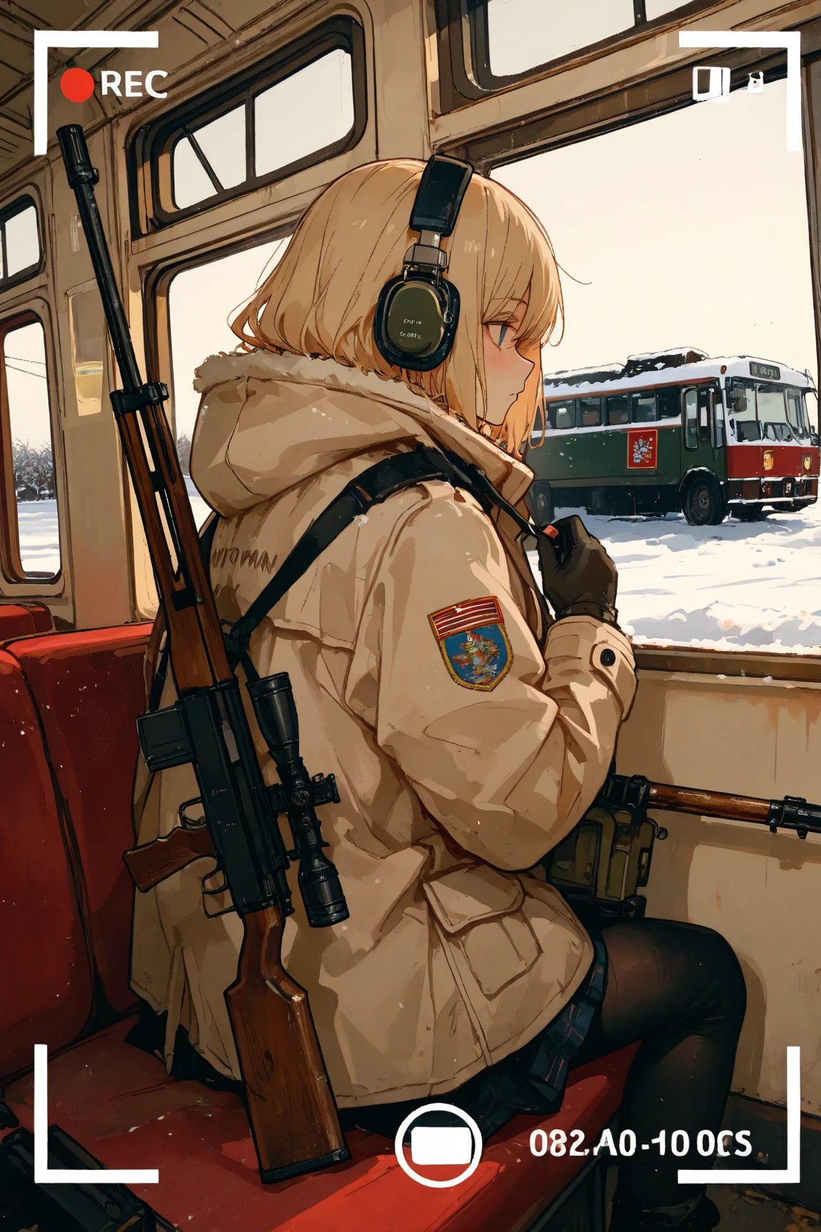  she is wearing headphones {x} looking out the window with a gun {x} a woman in a winter coat,  riding a bus ,With headphones,  with a mosin on her back , Sniper!  a gun on her shoulder ,  she carries a pistol , Extremely accurate photo , With a rifle, Very expressive, Hot Photos,  typical Russian vibe , In Russia ,  has a gun , from your hand and direct your gaze,  from your hand and direct your gaze, 