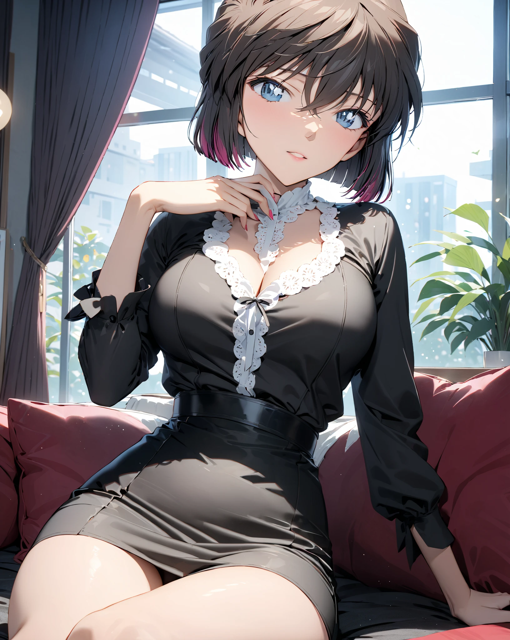 Masterpiece, Highres, High Quality, Detailed Face, Detailed Body Render, 1Woman, Solo,Iconic Idol, Bob Cut, Black Hair, Black Eyes, One Piece Dress, Lifted Skirt, Female in her 50s, Classy Aura,Elegant Posture,Lacey Stockings,Classic Heels,Gentle Smile,Polished Makeup,Texture Detail, Crisp White Collar, Draped Shawl, Confidence Radiating.