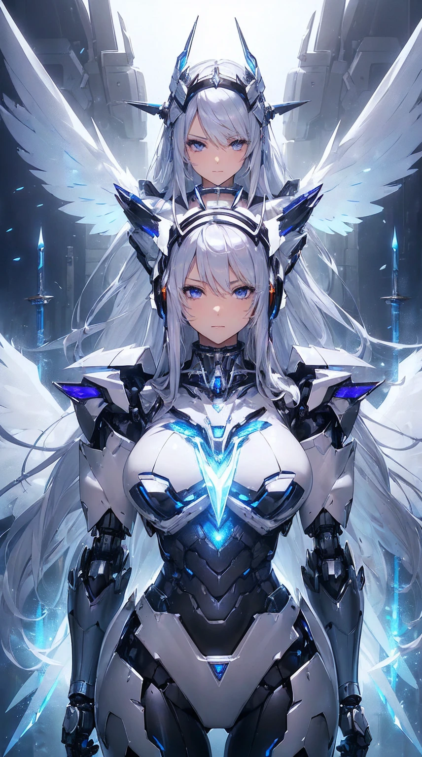 (((Photo from behind:1.6)))、((Lenses shining on both breasts:1.3))、((Blue pillars of light radiate from both of his chests..:1.3))、(Dynamic pose:1.6)、smile、((8K)), ((32k)), ((Highest quality)), ((masterpiece)), ((Ultra-high resolution)), ((Tmasterpiece)), ((Hello:1.4))、((Mechaニカルheadgear:1.2))、((Cyber Headphones:1.3))Fine skin, High quality fabric, Fine metal texture、((Beautiful and dense face))、RAW Photos、Professional, Ultra-fine painting, ((alone)), Beautiful breasts、Highest quality, Very detailed, Very detailed詳細, Finer details, so beautiful, ((Princess Knight Robot:1.2)),  (Joint of the machine, Mechanical Limbs:1.3), (The internal structure of the machine is exposed:1.3), (Long silver hair:1.1), (Beautiful and huge mechanical breasts)、White Veil, cowboy_shot, Side Focus, headgear, Shiny、(Five Fingers, Four fingers and thumb),Concept Art, Anime fantasy artwork, Detailed fantasy art, (with pale blue-violet hair and large white wings,,,,,,,,), (((Long silver hair))), (Mecha:1.6)、Sleek and intimidating design, ((Commander-in-Chief&#39;arm)), (Perfect robot body)、純白と青紫armまたは, Symmetrical wings, 8K 高品質詳細アート, 3D rendering of character art in 8K, neat legs, Defined, Defined fingers,((headshot:1.3))