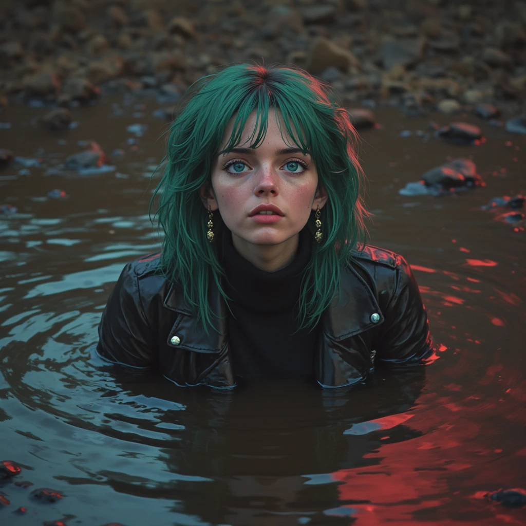 extremely detailed pale woman drowning in sticky sludge bog puddle, in leather jacket and turtleneck,жертва ритуала, грязевая яма, drowned below sludge, теряющий контроль, головной убор,традиционный макияж коренных народов, red green blue, stuck, from above