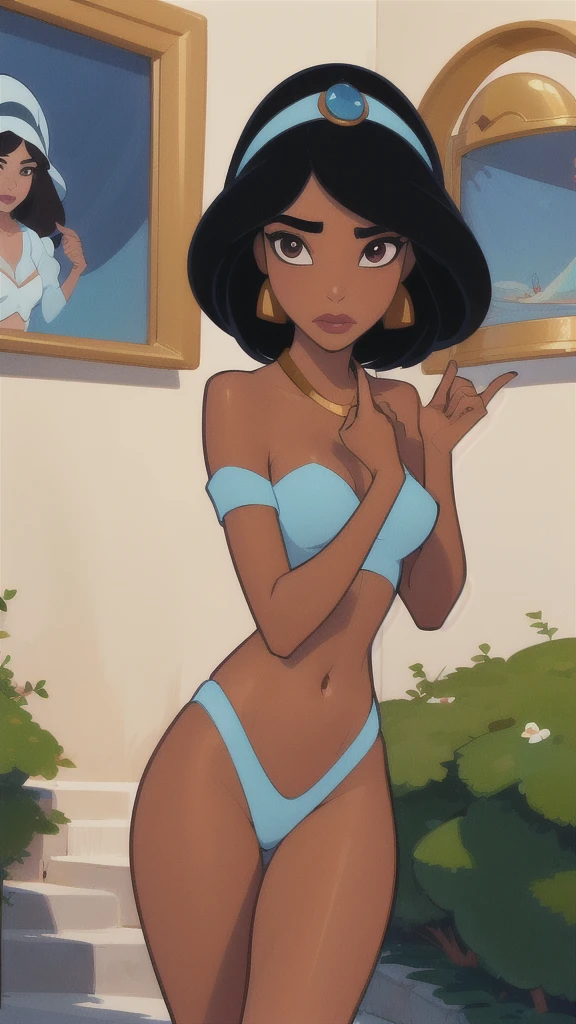 ( masterpiece,  best quality: 1.2), Alone focus,  Excellence} artistic ,  realistic artwork by JIRKA VINSE ,  looking at love ,  navel and abdomen exposed , Alone, alone,  looking at the spectator,  shaded medium level , approach,  focused and direct look ,  beautiful face,  the clothes accentuate his nipples ,  open eyes ,  slightly shiny lips ,  symmetry of the eye , facial symmetry,  matching beautiful brown eyes , Fine details,  high concentration , hard edges,  thick lines ,  different full fingers , well defined, well drawn,  symmetry of the hand , femenino, inviting,  artwork about Jasmine ,  short top that adheres to your nipples very tight ,  Fine art by Tom Mulliner ,  incredible perfect lighting ,  traditional media pencil-style drawing ,  realistic lip detail ,  gently and serenely to the spectator ,  classic Disney-themed artwork by Isabelle Staub,  art of Vixon ,  art of inusen ,  art by Somka108 ,  art of David _balsamic, (expressive eyes,  Lineart perfectly colored and detailed ,  point of view of the face ,  round eyes, innocent eyes,)  flawless opaque skin ,  uniform complexion ,  princess dance Harem harem with thong , Clean face, clean art , proportional hands,  symmetry of the hand ,  sexy feminine hands , body symmetry,  Perfect vision , single image, pristine, picturesque, cute face, sensual y sexy,  tasteful sensual tan , dedos well defineds, well defined hands,  hands with thick contours ,  Of good character ,  tanned skin with tasteful tan , coloring page,  physical body , body skin,  rich coloration ,  minimal fusion ,  a sophisticated fanart ,  Hands and very normal fingers ,  normal round pupils ,  Closed mouth ,  perfectly aligned eyes ,  correct amount of fingers ,