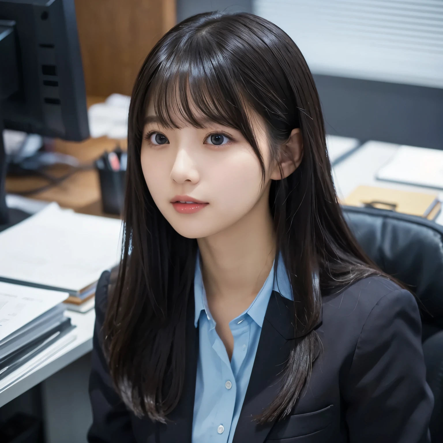  girl, busty,  black hair,  straight hair,  with bangs,business casual clothes, 's greatest masterpiece,  professional lighting,  is sitting, looking up ,  office