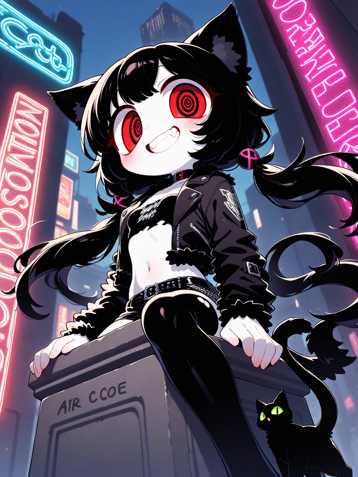 (Alone:1.2), 1 girl\( cute, Cute,( Evil Smiles ),  at your natural neck length,teeth,  stand on the podium, (text on the podium), ( black hair:1),( long hair),(twin tails:1.5), red eyes, ( detailed pupils:1.2),spiral eye, shining eyes , ( big eyes),(breast:1.2),( white skin:1.3), (punk fashion:1.6),(ripped clothes:1.3),(tight tube top),(tight hot pants),(The stomach is visible:0.8),( abs:0.8),(ripped black short jacket:1.4),(Fluffy black cat ears:1.6),(Fluffy black cat ears:1.6),(dynamic pose:1.4),bangs\). BREAK .background\(outside, Noisy city, Backstreet,  narrow street ,  from below, At night,spiral cityscape, neon lights\), pop art,  brightly colored , ( graffiti art:0.5)