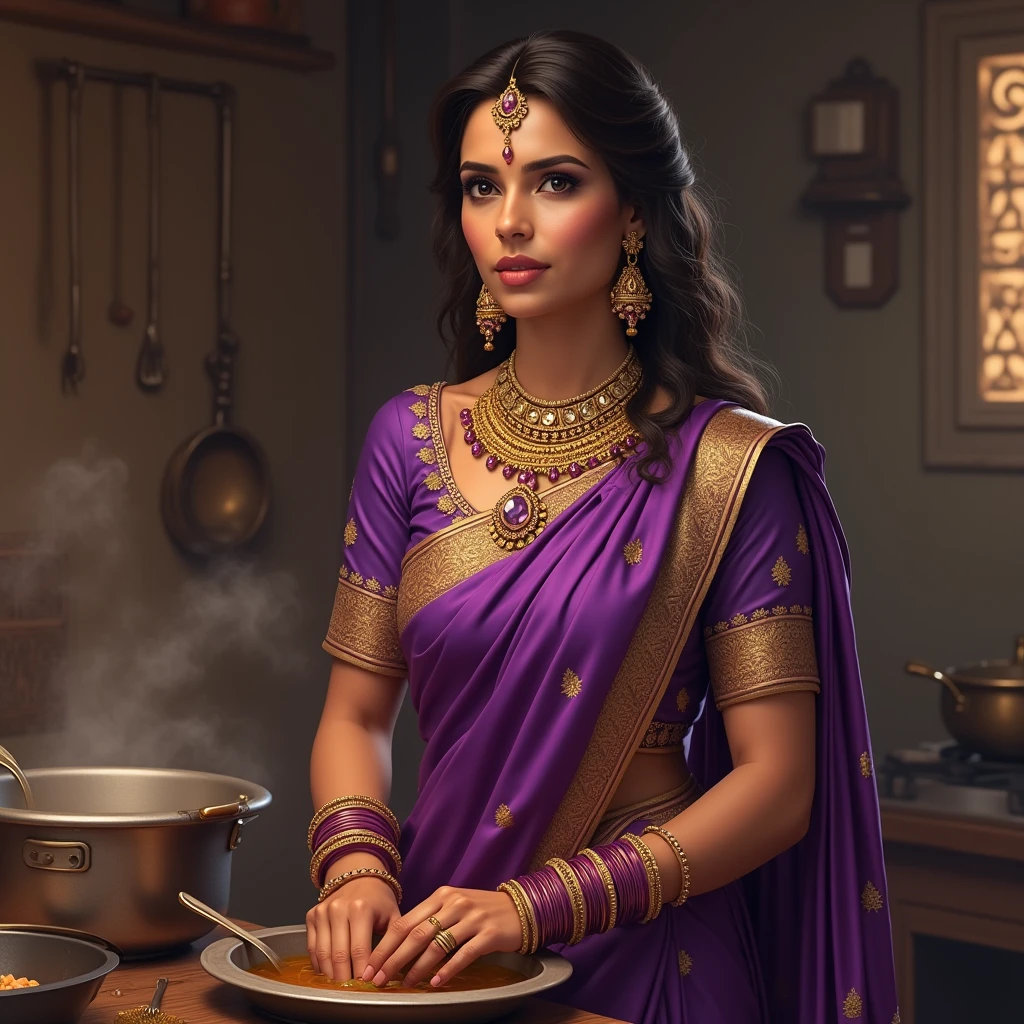 Realistic 3D illustration of a woman cooking in the kitchen in a traditional sari, adorned with rich burgundy fabric with intricate gold embellishments. She stands in profile, her long hair styled in a ponytail, showing that she is cooking in the kitchen. The figure is adorned with several gold bangles and a traditional necklace, set on a plain white background. full body posture