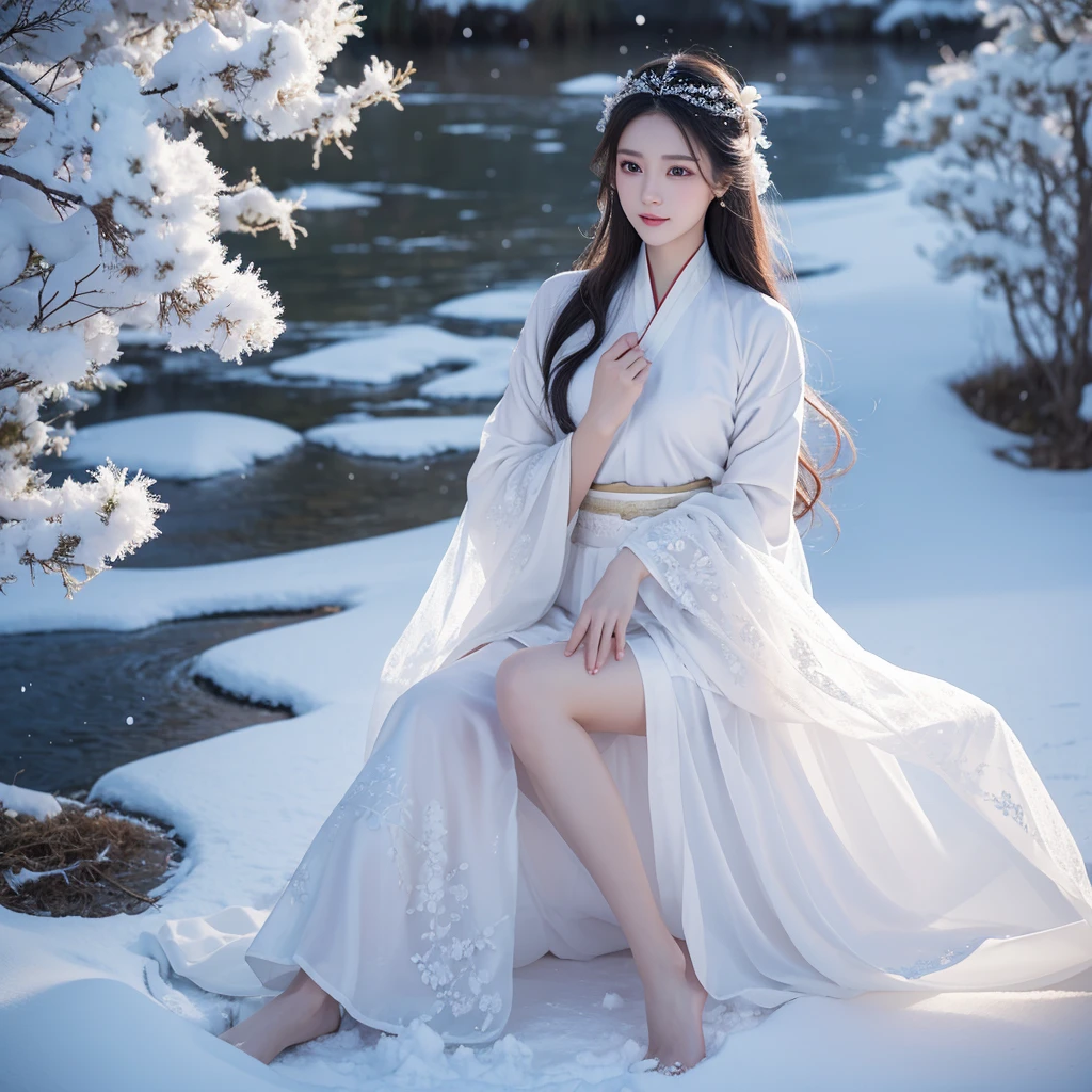  best image quality ， Very detailed， VERY HIGH RESOLUTION，  perfect body proportions， The work of a top photographer 。Beautiful Hanfu girl，Long eyelashes， big eyes， shiny eyes，Eye bags， full lips，Small nose， happy expression，Sweet， exquisite makeup， Full Body Photo ，snow White,  slim and straight legs ，snow-white skin，White embroidered skirt，neck lace，Show off long legs ，，Sweet， long hair flying ， best quality，masterpiece，，Imagine， seven-part shooting model : Hanfu, CFG scale: 7,  Lola : Future Fashion(0.4)、rainbow(0.4)、 Martial Arts(0.2)、 Asian face woman-2 (0.4)、Poetic fairy tale(0.01)，Exposed buttocks，skirt（Being opened）There's nothing in it，skirtBeing opened