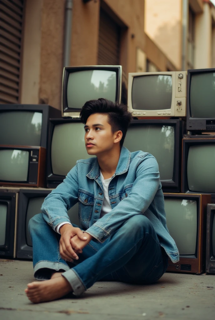 long distance Portrait of a young asian man sitting casually in an urban setting, surrounded by old vintage televisions stacked on the street, wearing a old denim jacket and denim jeans, with a relaxed expression. The backdrop features textured walls and closed shutters, capturing a nostalgic atmosphere. Warm, natural lighting and a retro aesthetic