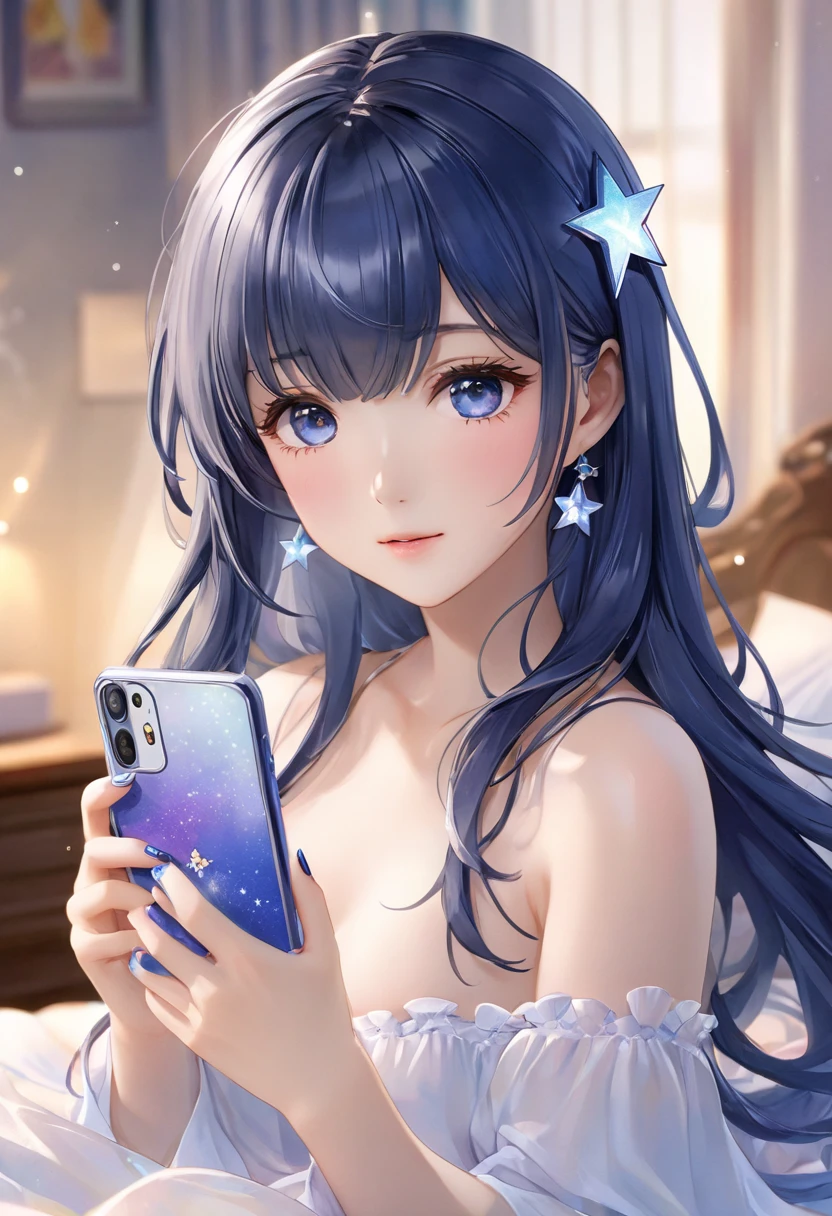 masterpiece、 Soft Focus  ,  vivid gradation watercolor painting 、 table top in bed,  high res, 8k,   ANIME LADIES, Delicate and detailed writing 、detailed digital illustration、 high res,  High Quality 、 detailed background、 close-up pictures、 longhair 、 shiny hair、Light Hair、bangs、  very beautiful woman、Idol)、Detailed female face、(The girl is holding a smartphone in her hand:1.3)、(Photographing a girl with a smartphone:1.5)、(Completely naked:1.3)、 sex、Insert、( gets semen out of her vagina:1.5)、Ai Hoshino:1.5 、Stars in my eyes、 DARK BLUE HAIR 、 lesbian、２ girls with light makeup、(My nails are very long:1.5)