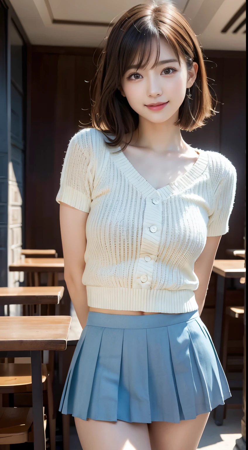 Photo taken by a professional photographer,laughter:1.5,Close-up of a woman squatting on the sidewalk, wearing a sweater, Short-cut brown hair, young and cute girl, Wearing a flared skirt,I can see her small white panties:1.5,Wear stylish boots,sit on a park bench:1.5,